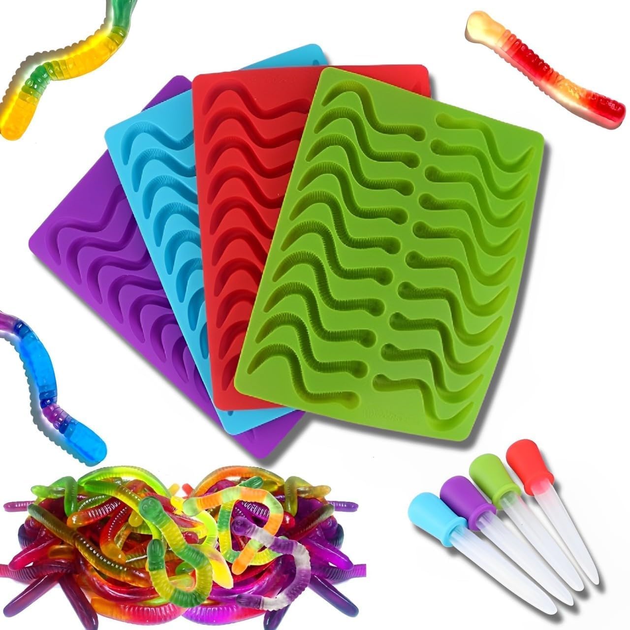 Premium Silicone Gummy Worm Molds Set of 4 - Candy, Chocolate & Ice Cube Trays with 4 Droppers - Perfect for DIY Treats, Baking Decorations & Party Favors
