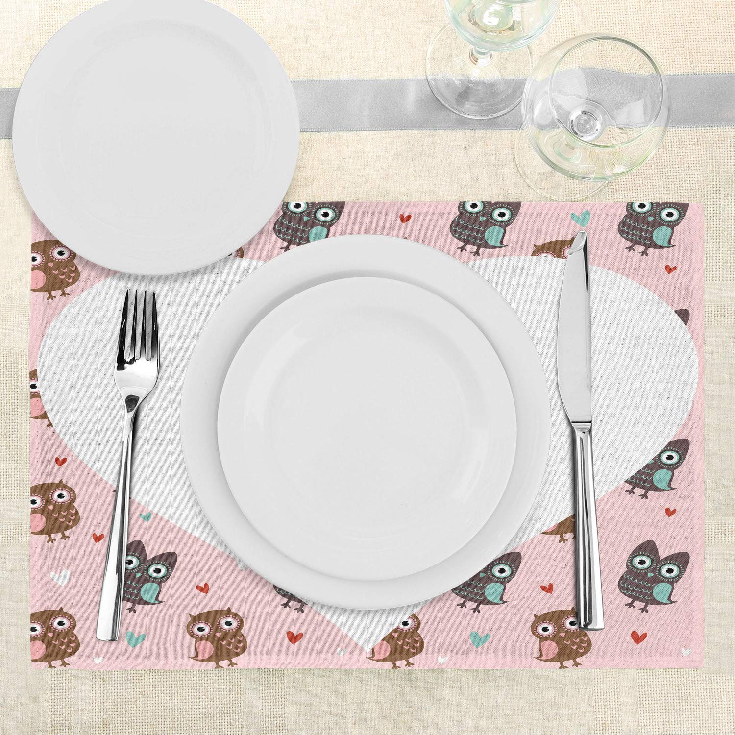 Lunarable Owls Place Mats Set of 4 - Romantic Honeymoon & Engagement Table Decor with Love Message Hearts, Washable Fabric Dining Mats for Kitchen & Dining Room in Pale Pink & White - Perfect for Wedding Anniversaries, Bridal Showers & Couples' Romantic Dinners