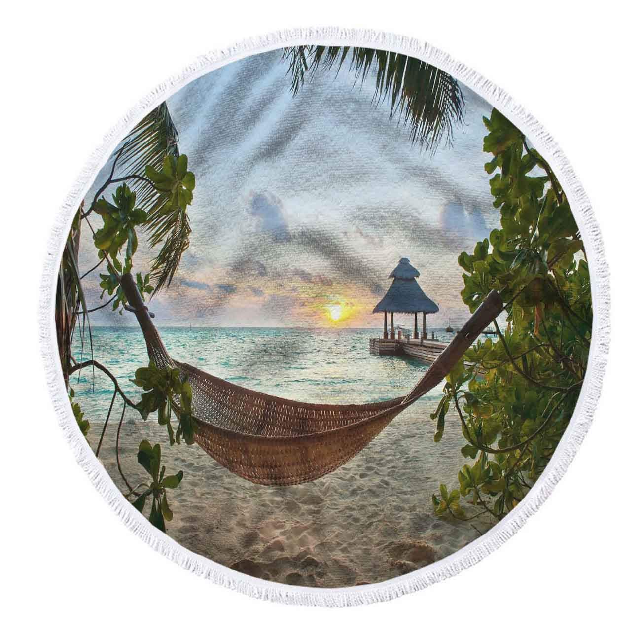 Floral Round Beach Towel - 60x60 Inch Microfiber Blanket with Tassels for Women, Tropical Sunset Design - Perfect for Beach, Pool, Hammock & Outdoor Picnics