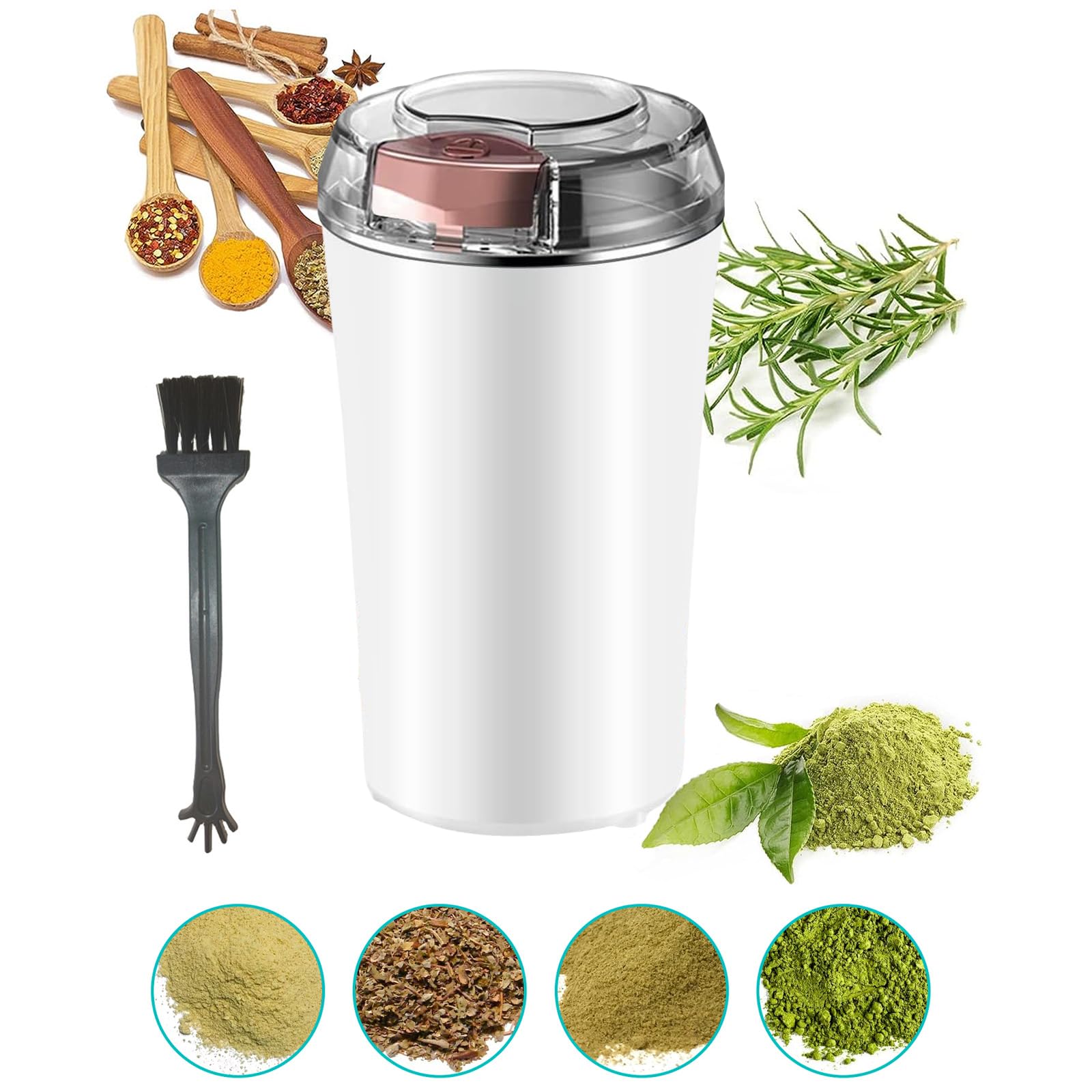 200W Electric Herb Grinder - Powerful Fast Grinding for Dry Spices, Flower Buds, Nuts & Coffee Beans - Includes Cleaning Brush & One-Touch Button - Perfect for Kitchen, Baking, Coffee Brewing & Herbal Preparations