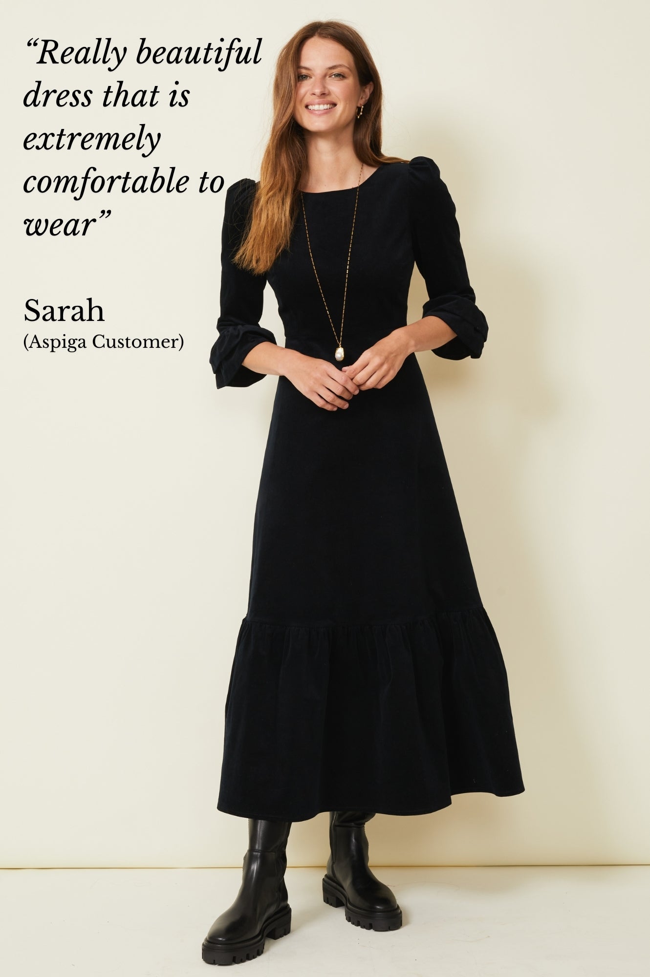 Victoria Women's Round Neck 3/4 Sleeve Stretch Corduroy Dress - Black | Casual Fall Dress for Work, Date Night & Holiday Parties