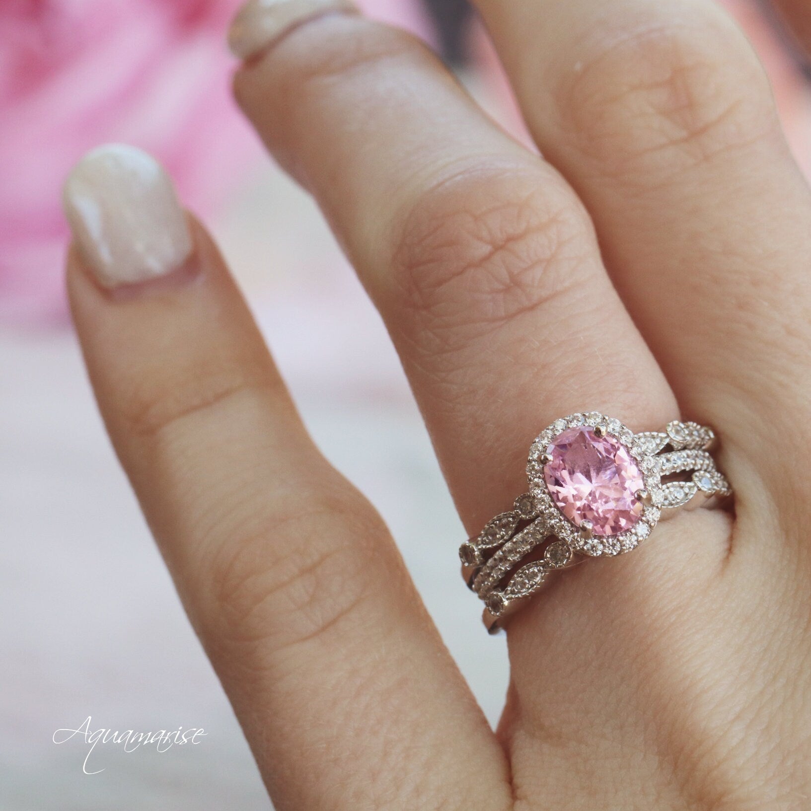 14K White Gold Iris Oval Pink Tourmaline Engagement Ring - Elegant Wedding Band, Anniversary Gift for Her, Perfect for Proposals & Special Occasions