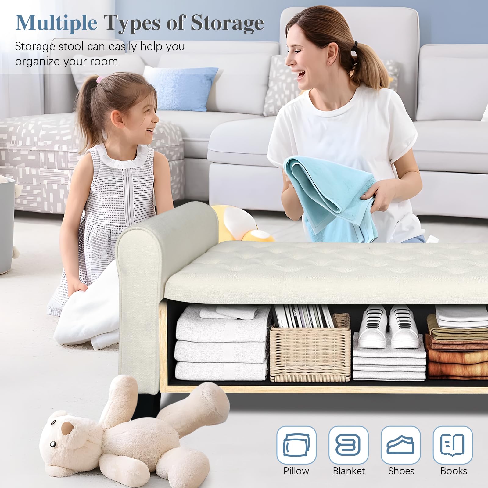Tufted Storage Ottoman Bench with Arms - Large Upholstered Footrest Seat for Bedroom, Living Room, Entryway & Hallway - Multi-Functional End of Bed Bench with Hidden Storage (Beige) | Perfect for Small Space Organization & Extra Seating