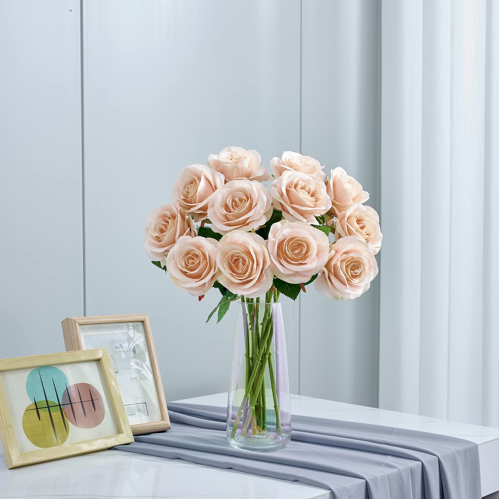 12Pcs Blush Pink Artificial Silk Roses - Long Stem Faux Flowers for DIY Wedding Bouquets, Centerpieces, Baby Shower Decor, Home & Office Decoration - Perfect for Romantic Events, Table Arrangements and Gift Wrapping (Blush Pink)