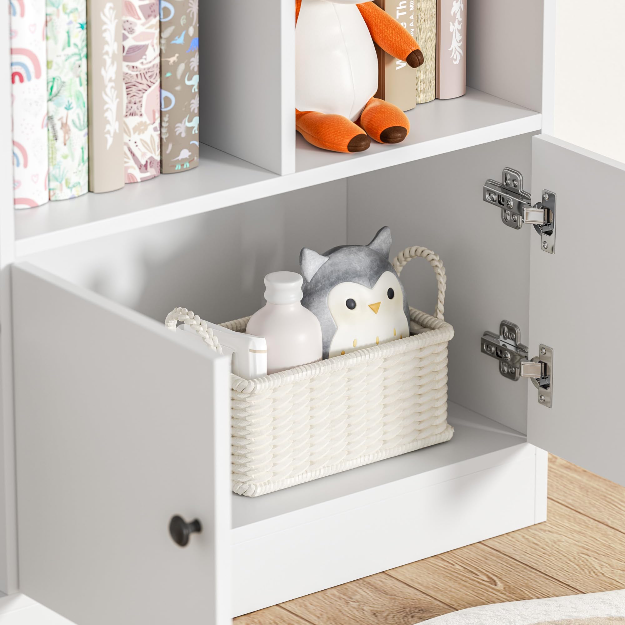 White Kids Bookshelf with 11 Cubbies & 2 Cabinets - Sturdy Freestanding Book Storage Organizer for Bedroom, Playroom, Nursery & Hallway - Perfect for Storytime, Toy Storage & Kids Room Decor
