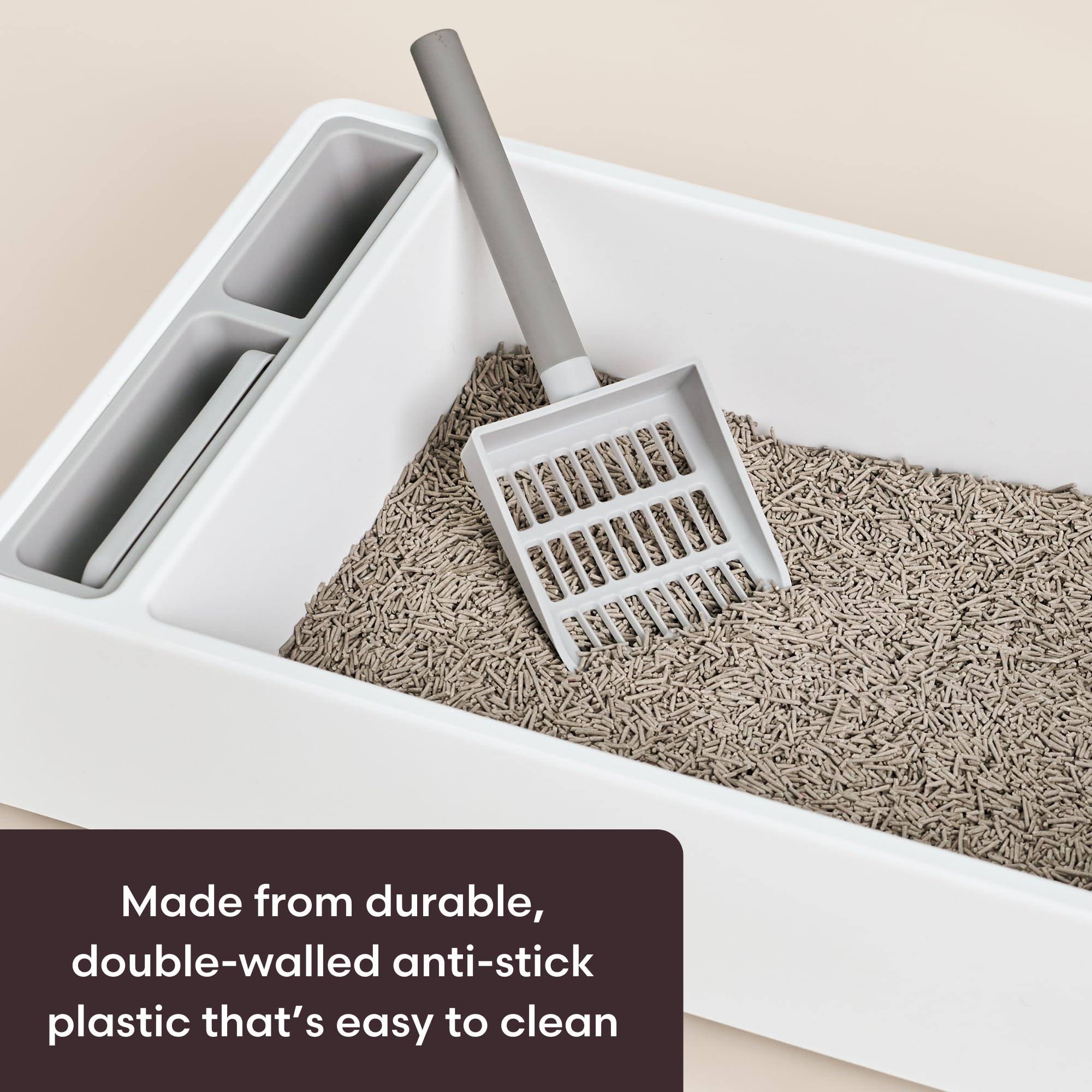 Tuft + Paw Cove Litter Box for Large Cats - High Sided Open Top Design with Built-in Scoop, Brush & Dustpan | Anti-Stick Plastic & Privacy Walls | White/Gray | Perfect for Small Spaces & Multi-Cat Homes