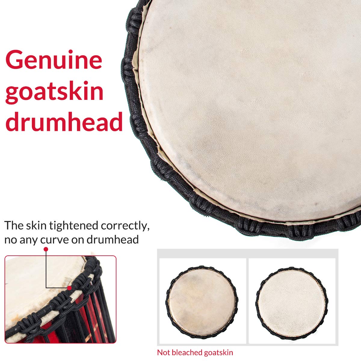 AKLOT 9.5'' x 20'' Hand-Carved African Djembe Drum - Mahogany Wood with Goatskin Drumhead for Adults & Beginners (Red) | Perfect for Music Therapy, Drum Circles, and Cultural Performances