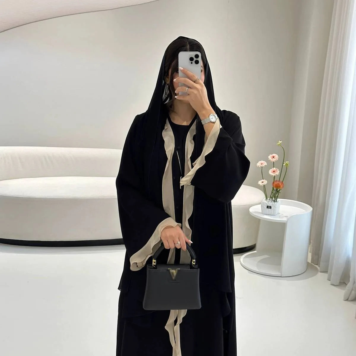 Urgarment Flounced Open Abaya Dress - Elegant Black Cardigan for Women | Perfect for Modest Fashion, Prayer, and Special Occasions