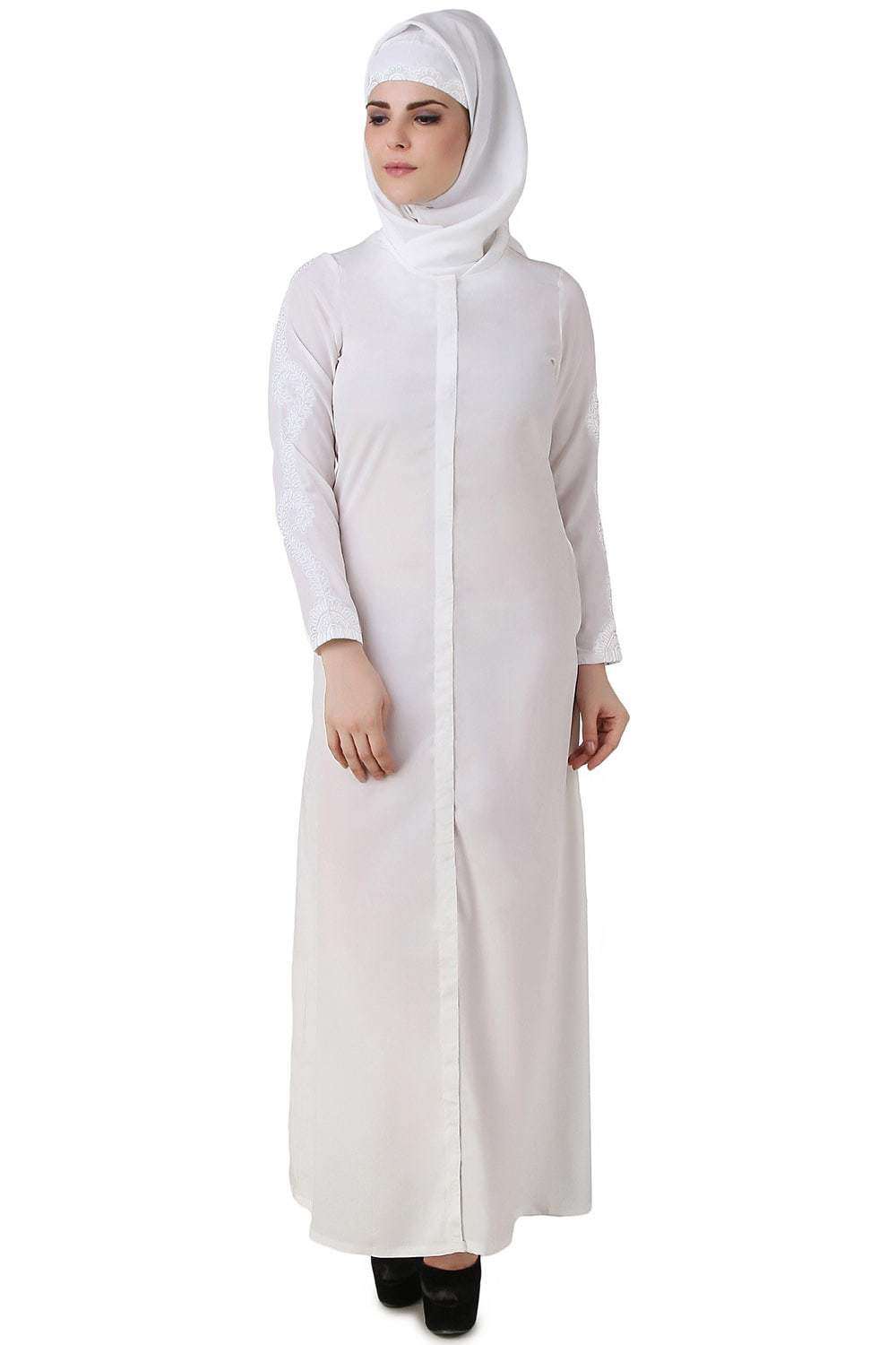 Elegant White Front Open Cotton Abaya for Women - Modest Islamic Prayer Dress - Perfect for Mosque, Eid, and Special Occasions