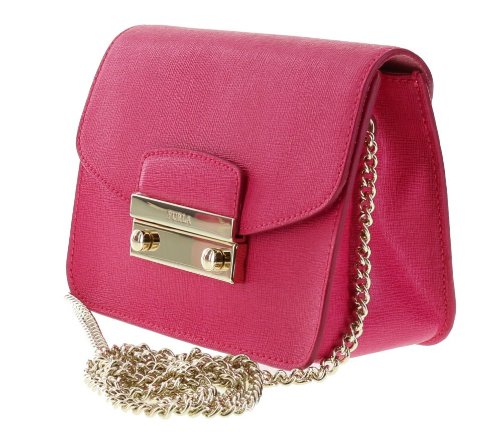 Furla Julia Saffiano Leather Mini Crossbody Bag for Women - Glossy Pink with Gold Hardware | Perfect for Everyday Use, Date Night & Travel Accessories