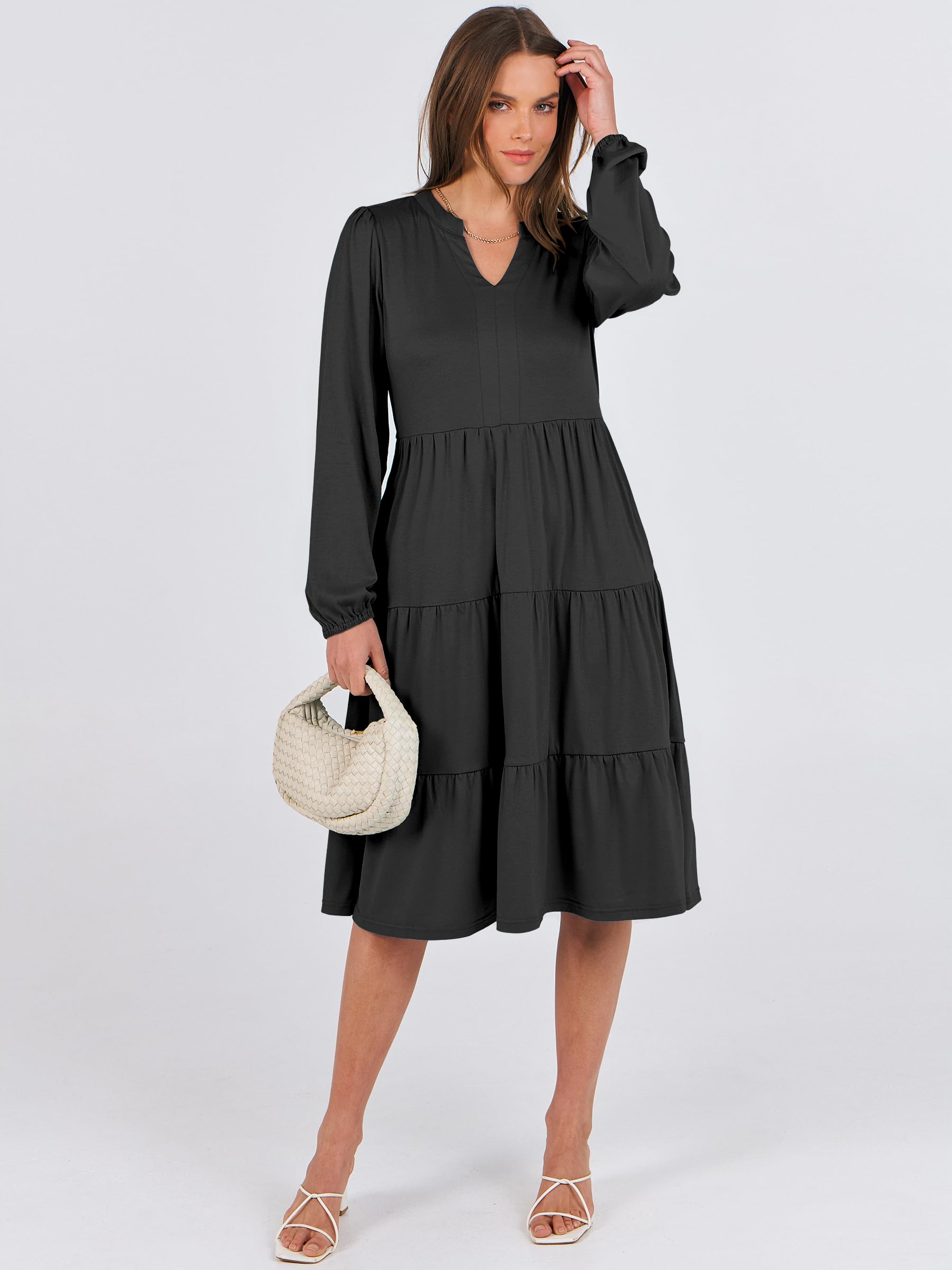 ANRABESS Women's Long Sleeve V-Neck Dress - 2025 Spring Casual Loose Fit Flowy Swing Tiered Maxi Dress for Vacation, Beach, Date Night & Everyday Wear