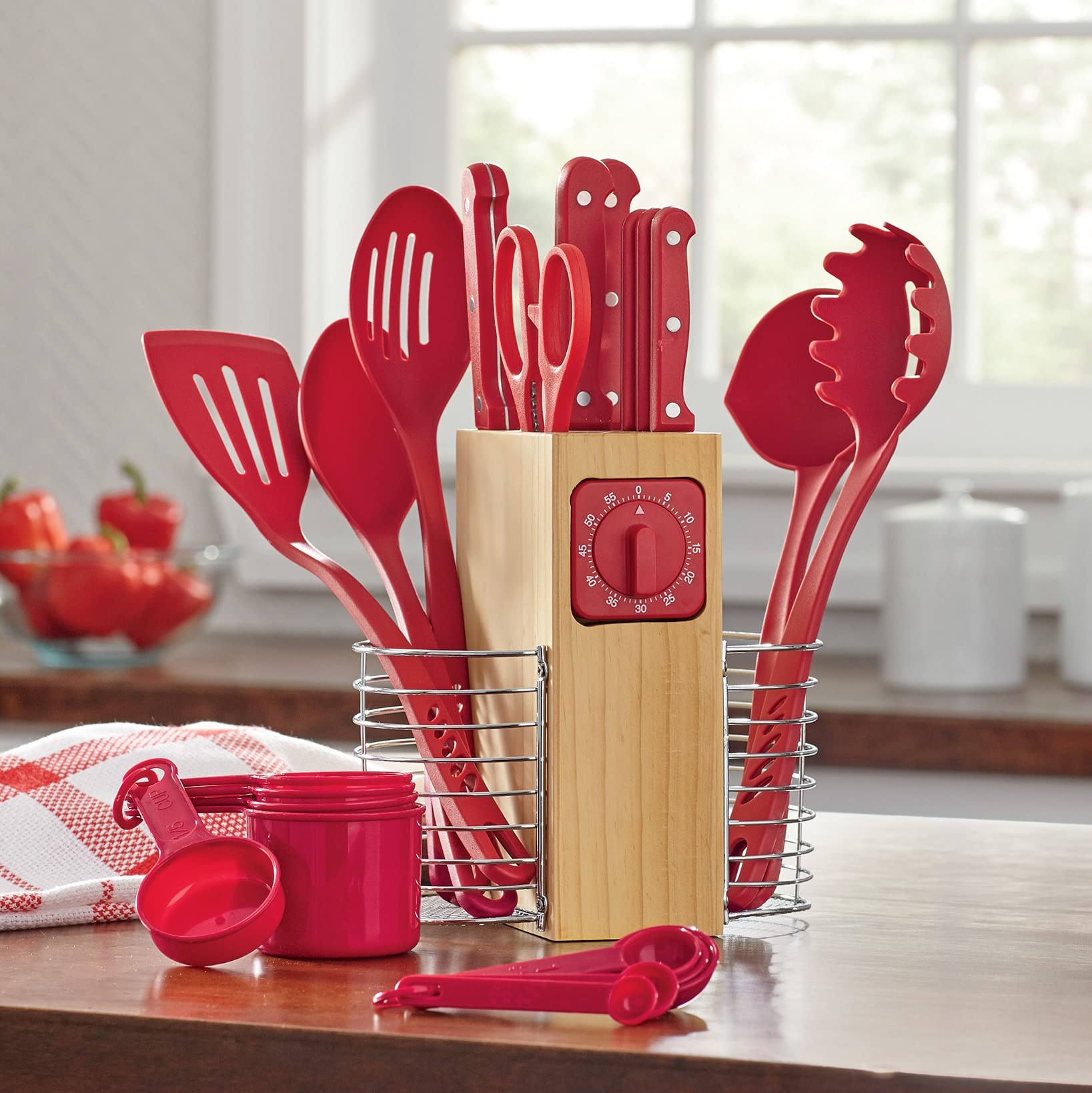 Montgomery Ward 25-Piece Cutlery and Utensil Set - Stainless Steel Full-Tang Knives Kitchen Essentials in Red | Perfect for Apartments, Dorms & Home Cooking