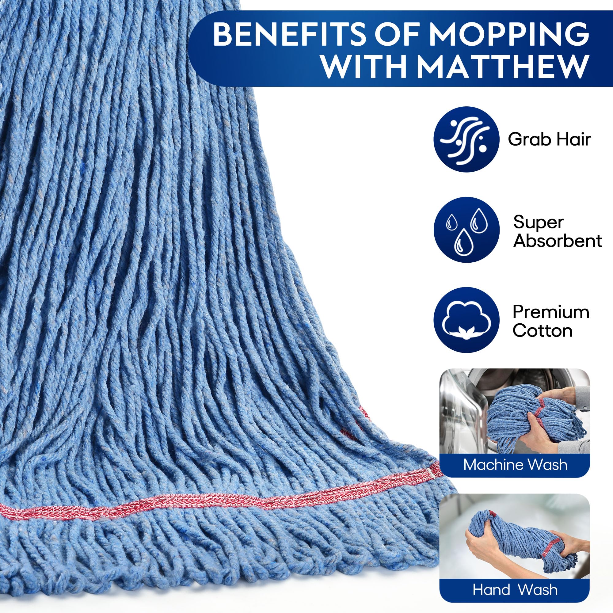 Matthew Cleaning 24oz Heavy Duty Commercial Mop Head Replacement - Industrial Blue Cotton Looped End String Refill (12-Pack) for Wet Floor Cleaning in Restaurants, Hospitals & Warehouses