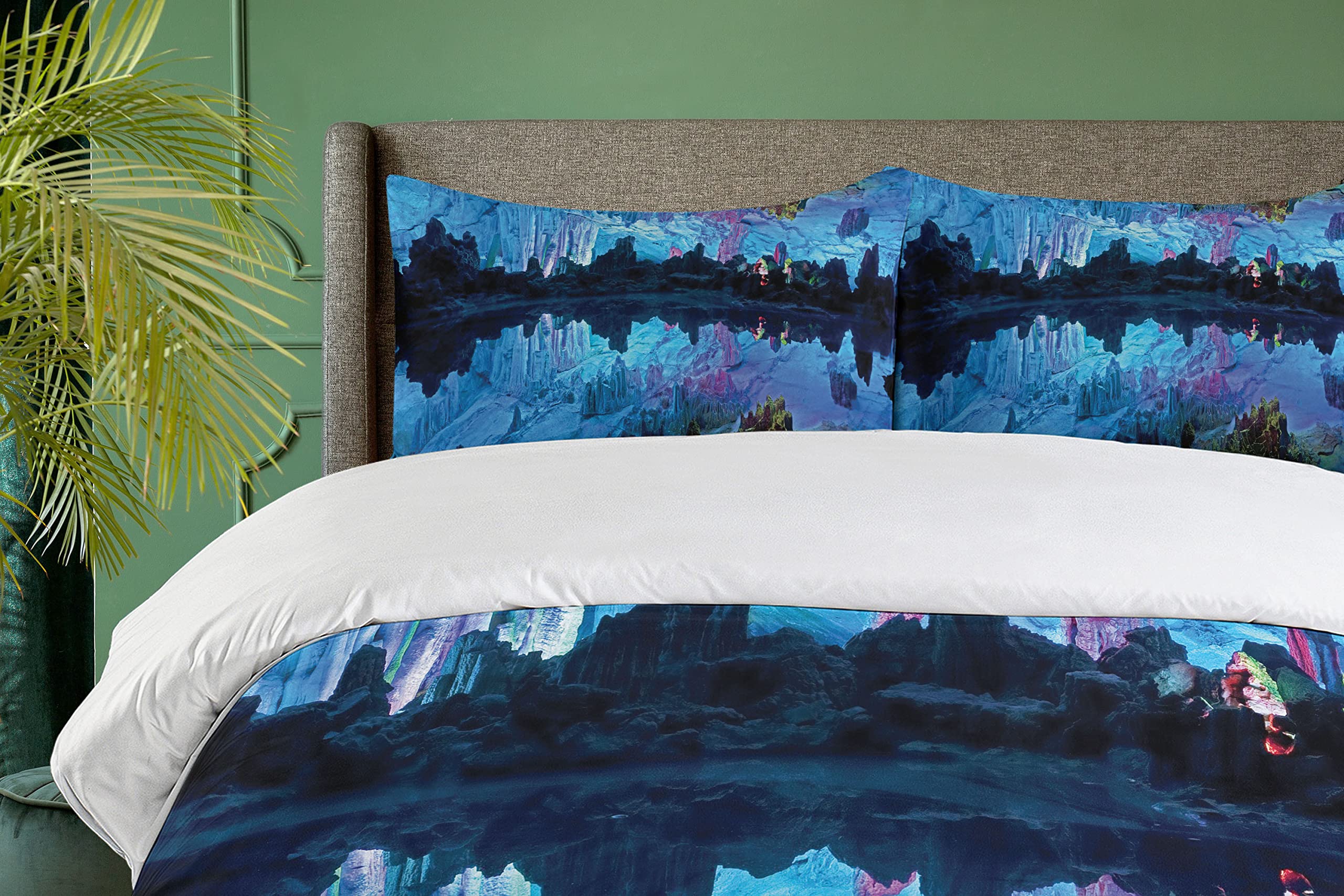 Ambesonne Natural Cave Duvet Cover Set - Reed Flute Cistern Crystal Palace Mystical Space Print 3-Piece Bedding Set with 2 Pillow Shams, California King Size, Blue | Cave-Themed Bedroom Decor for Fantasy & Nature Lovers