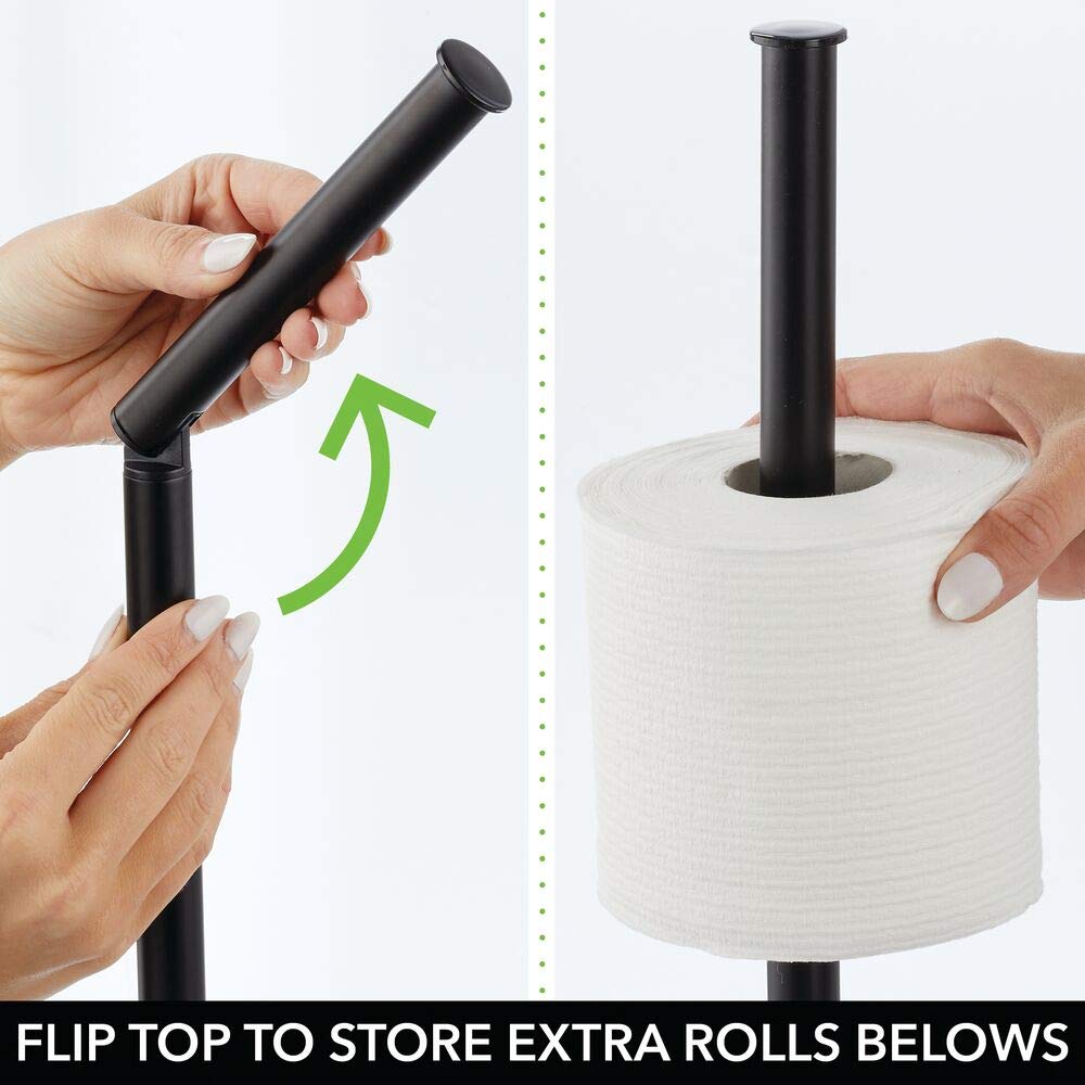 mDesign Steel Standing Modern Toilet Paper Holder - Bathroom Tissue Dispenser Stand with Marble/Black Finish - Holds Mega Rolls - Xene Collection - Perfect for Bathroom Storage Organization & Home Decor