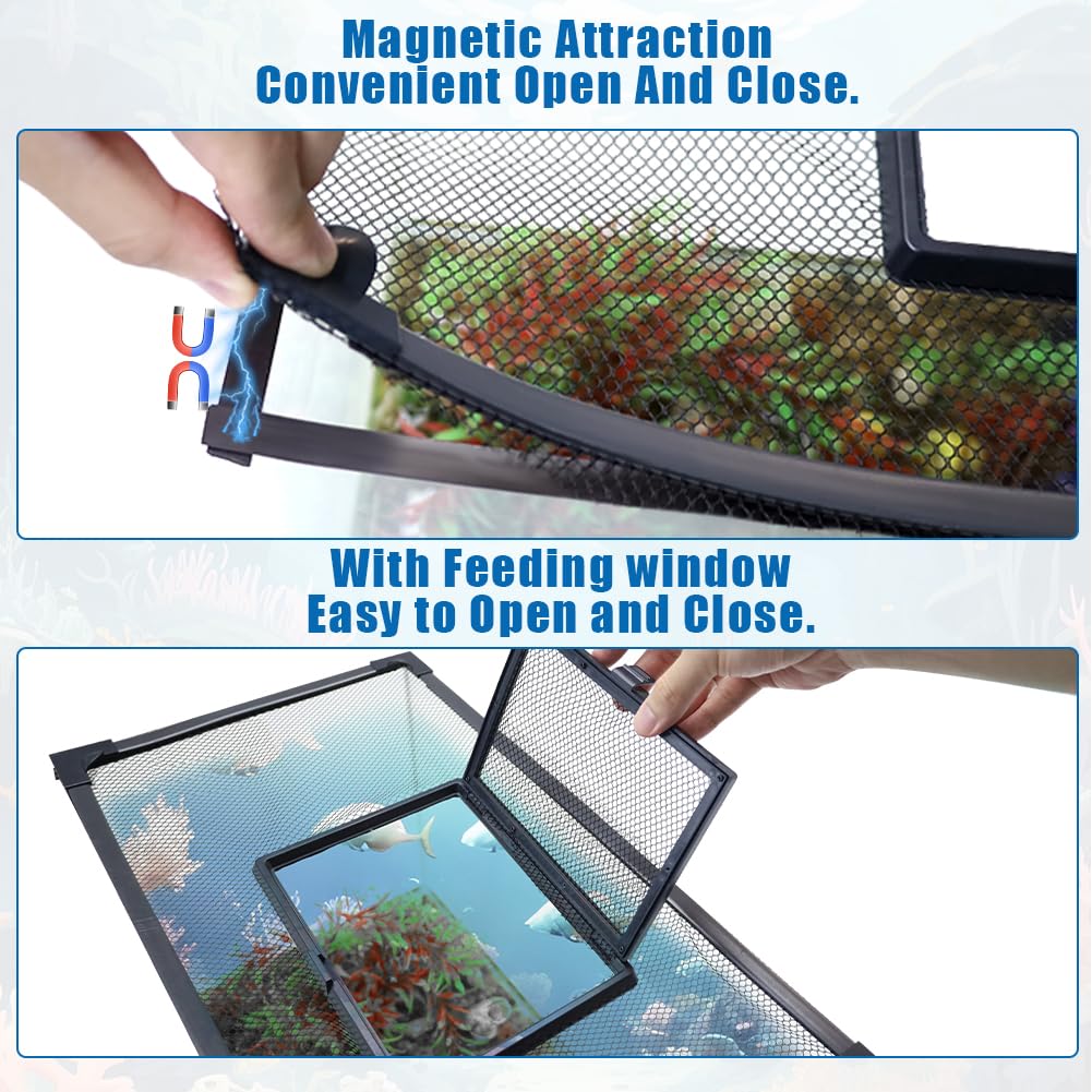 SEILETOO Magnetic Fish Tank Lid with Feeding Window - High Transparency Adjustable Aquarium Cover, Anti-Jump Fish Tank Net - Custom Cut to Any Size for Freshwater & Saltwater Tanks (Perfect for Betta, Goldfish, Shrimp Tanks)