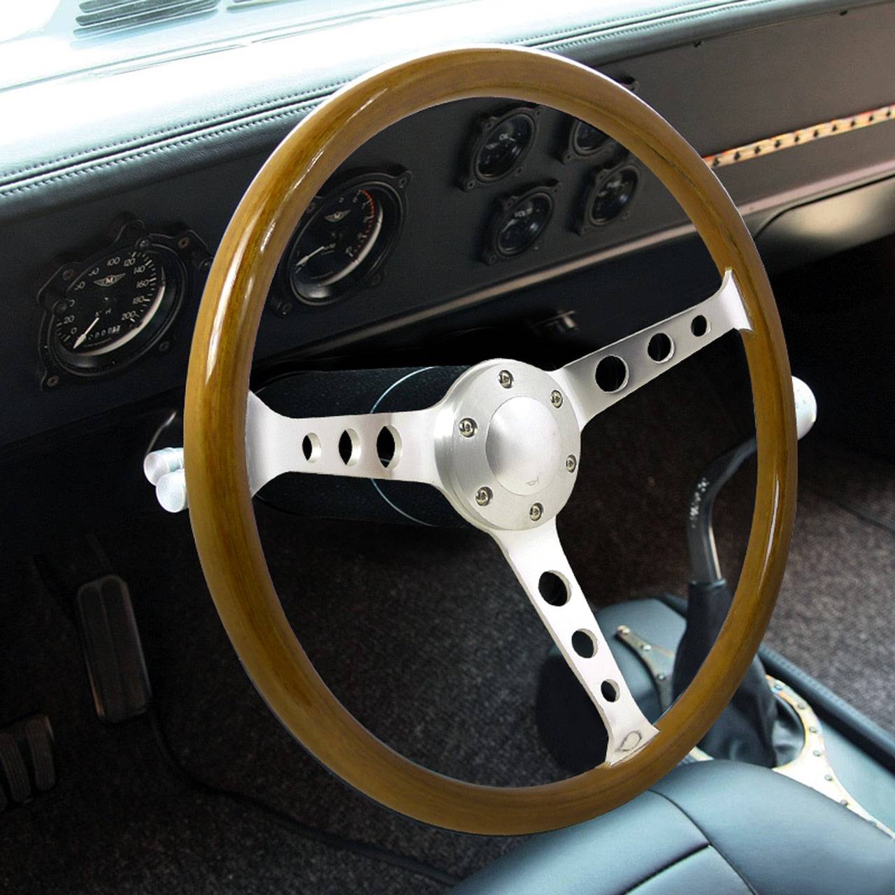 370mm Wood Grain Deep Dish Aluminum 3-Spoke Steering Wheel - Wood/Plastic Design for Classic Car Restoration & Racing Simulator Setup