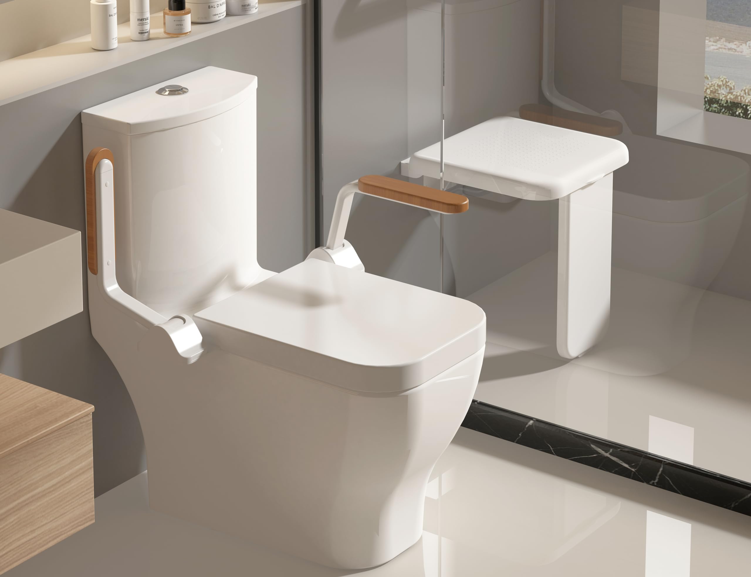 MEJE Heavy Duty Foldable Toilet Safety Rails for Elderly - Carbon Steel Support Handrail with Armrest for Seniors, Handicapped & Pregnant Women - Bathroom Safety Equipment for Home Care & Mobility Assistance