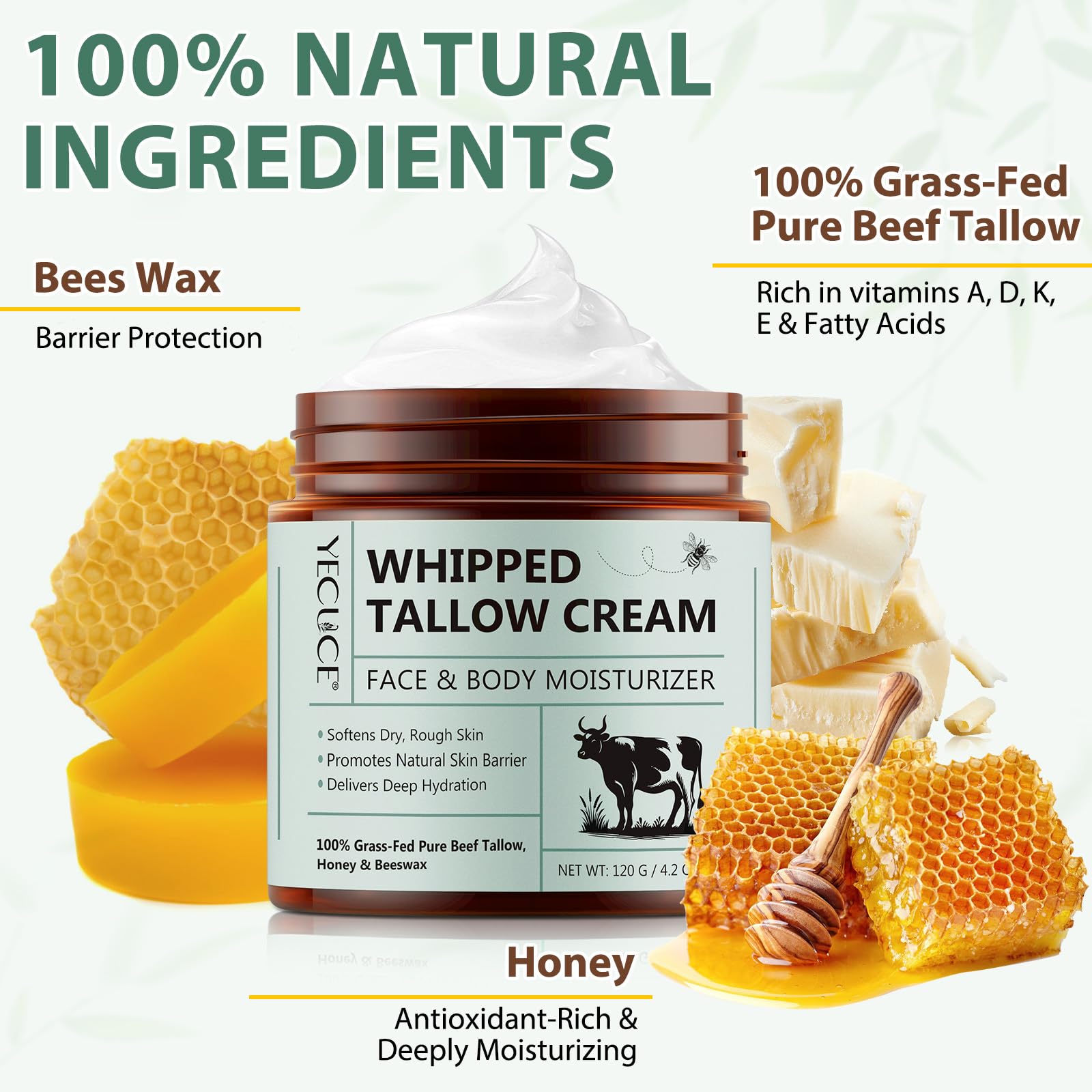 Grass-Fed Beef Tallow Balm with Honey - Deep Hydration for Face & Body - Perfect for Dry Skin Care