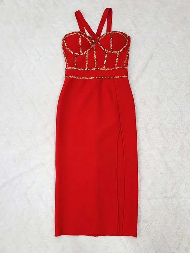 Ailigou Women's Red Sleeveless V-Neck Bandage Bodycon Midi Dress - Sexy Tight Club Party Dress for Night Out, Date Night & Special Occasions