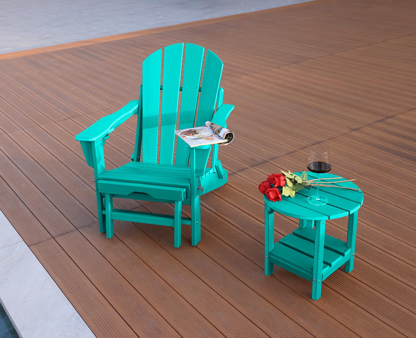 Foldable Adirondack Chair with Adjustable Footrest – Weather-Resistant Outdoor Plastic Patio Chair with Removable Ottoman, Stackable Design & Cup Holder – Perfect for Backyard, Poolside & Garden Relaxation (21.6