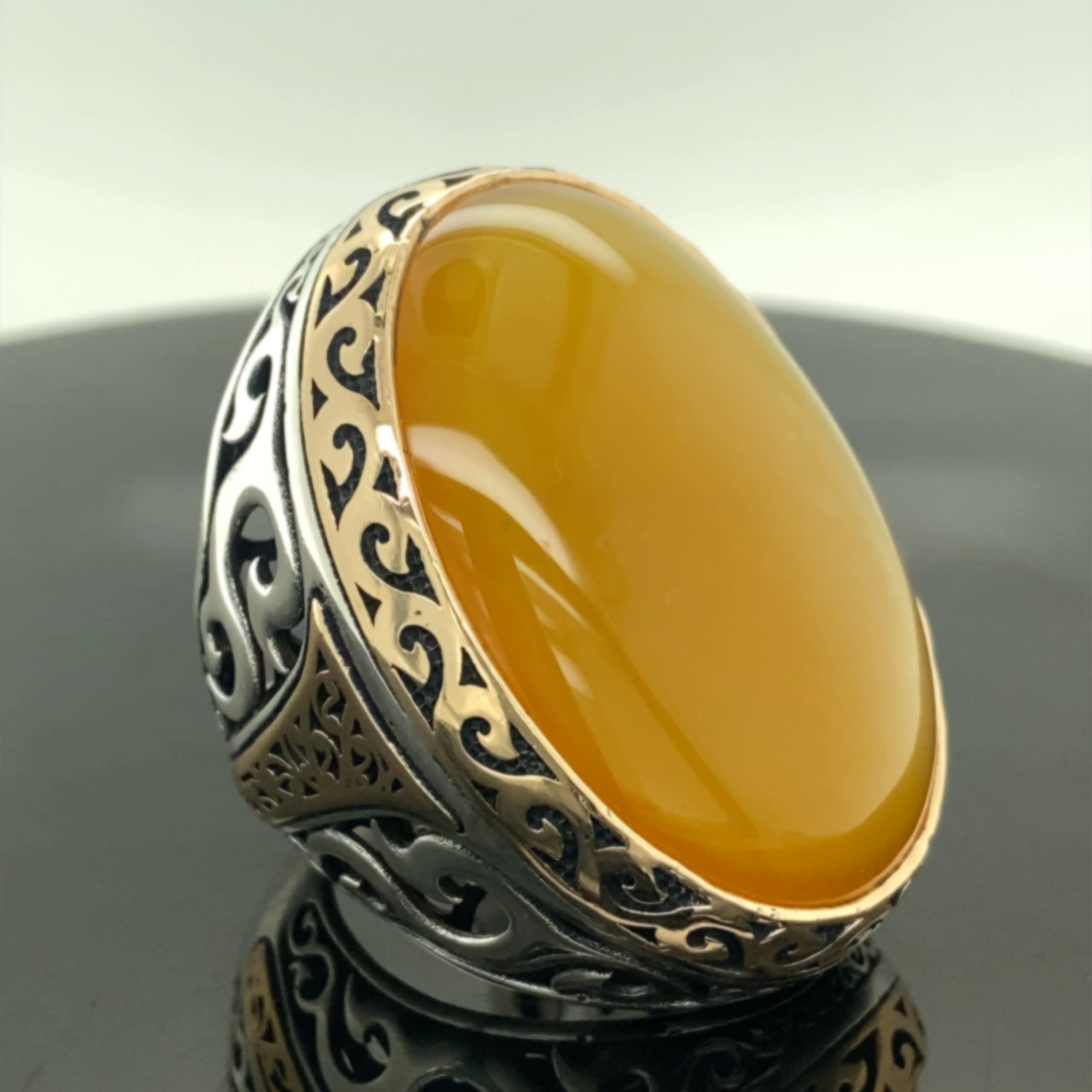 Handmade Men's Agate Stone Ring - Large Yellow Agate Ottoman Style 925 Sterling Silver Jewelry for Men | Perfect Gift for Him, Birthday, Anniversary & Special Occasions | Ideal for Weddings, Parties & Everyday Wear