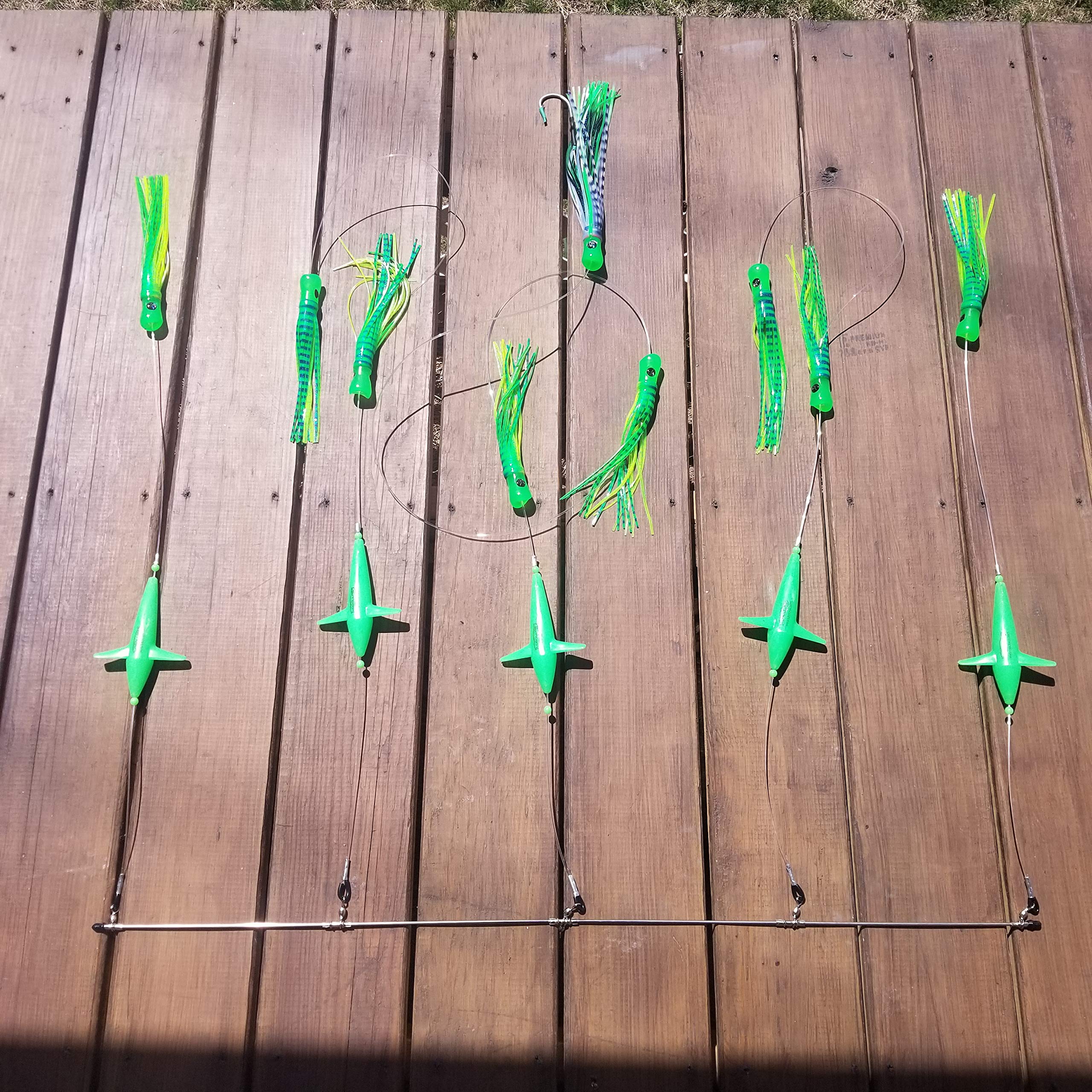 36-Inch Skipjack Hybrid UV 8-Inch Green Mackerel Fishing Lures with Splash Bar - Bigeye Tuna Spreader Bar Kit (5 Birds) - Made in USA - Perfect for Offshore Tuna Fishing & Saltwater Angling - Ideal for Deep Sea Fishing, Trolling, and Game Fish Attraction