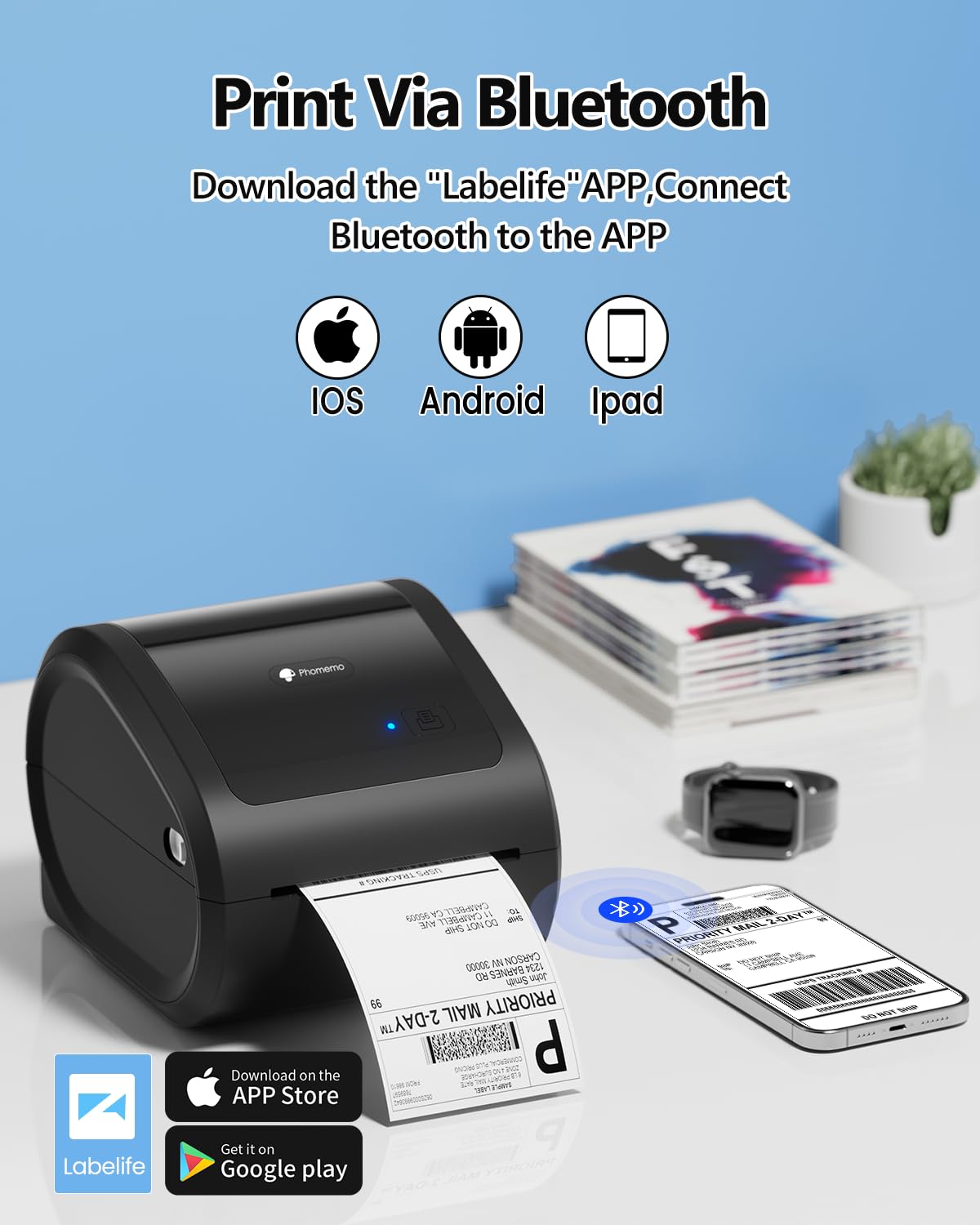 Phomemo D520BT 4x6 Bluetooth Thermal Label Printer - Wireless Shipping Label Maker with Built-in Holder, Compatible with Amazon USPS Shopify eBay - Perfect for E-commerce, Small Business & Home Shipping Needs