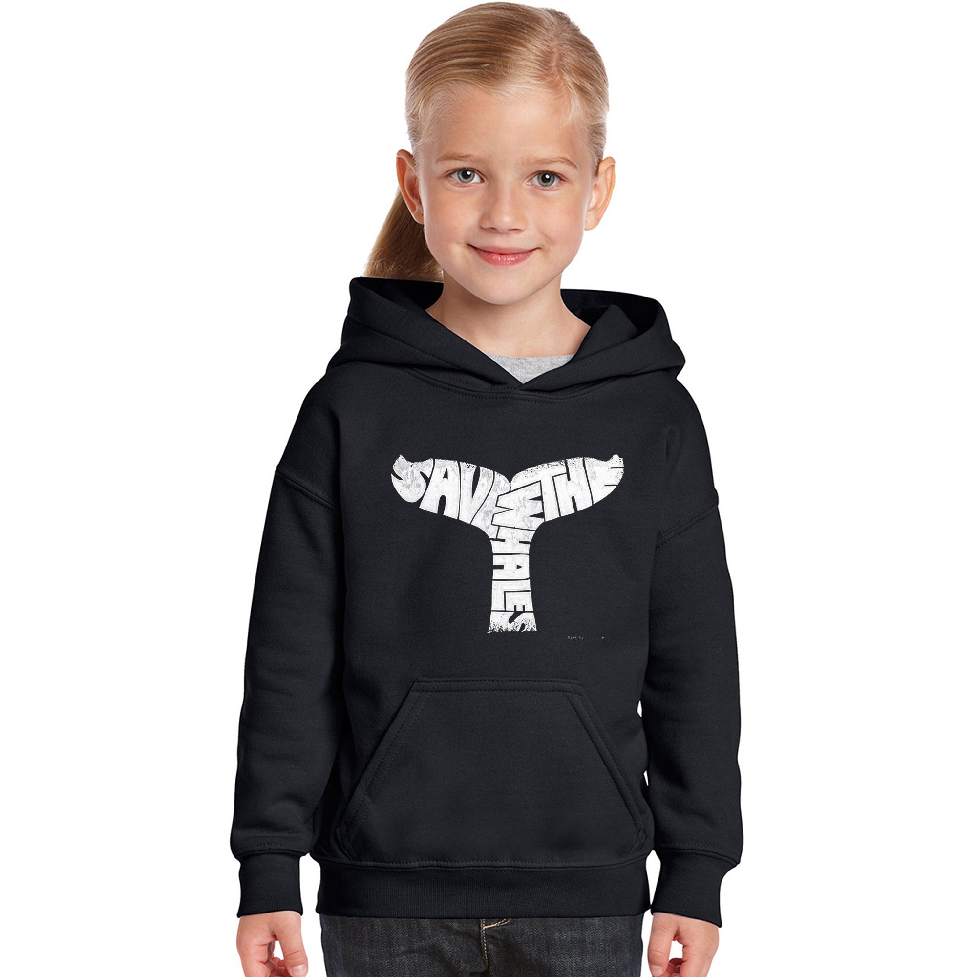 LA POP ART Girls' Word Art Hooded Sweatshirt - Save The Whales Graphic Pullover | Eco-Friendly Casual Wear for School, Beach & Everyday Outfits
