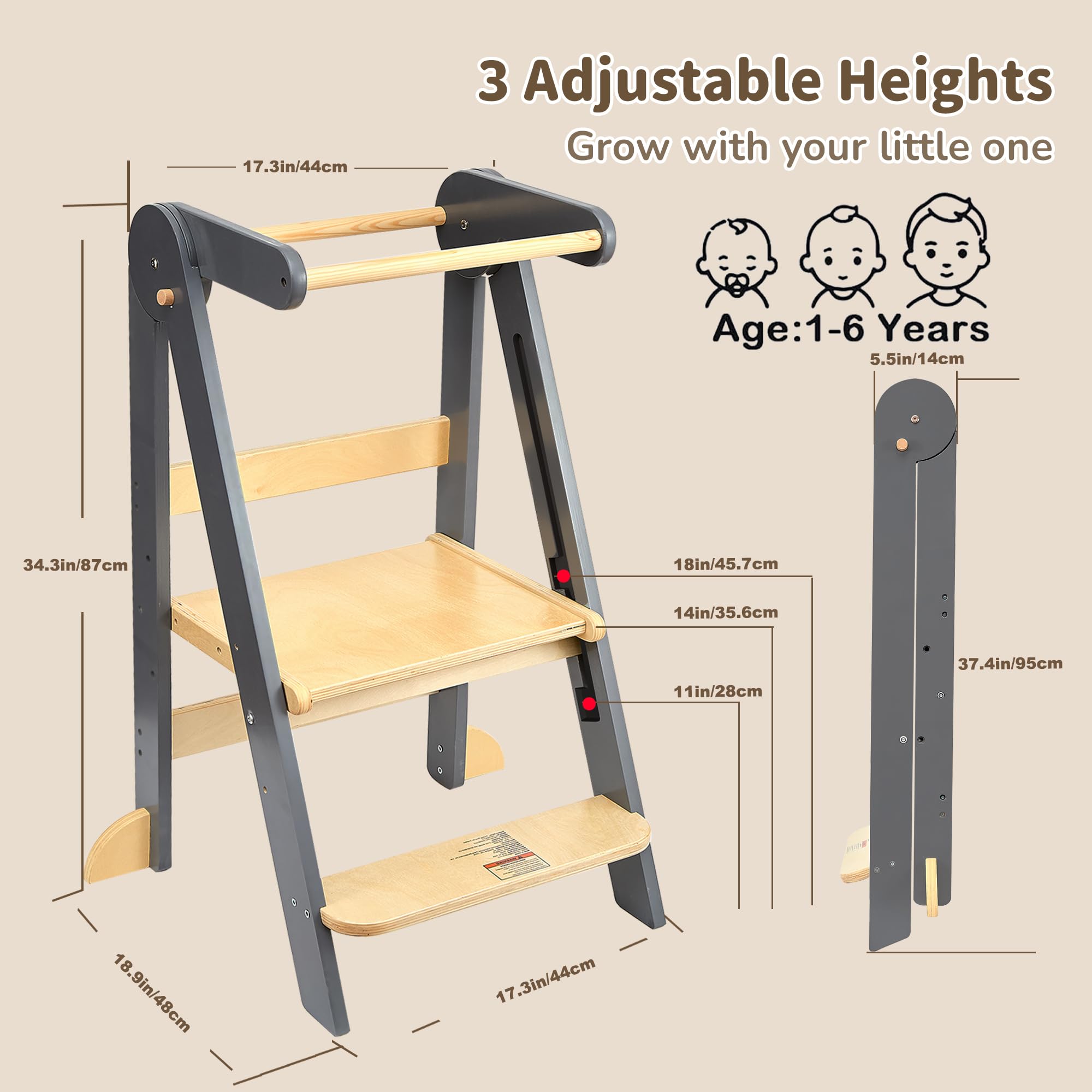 Foldable Toddler Tower - Preassembled Kitchen Step Stool for Kids 1-6 Years | 3 Adjustable Heights Montessori Learning Tower | Collapsible Step Stool for Baking, Cooking & Playtime (GY NAT)