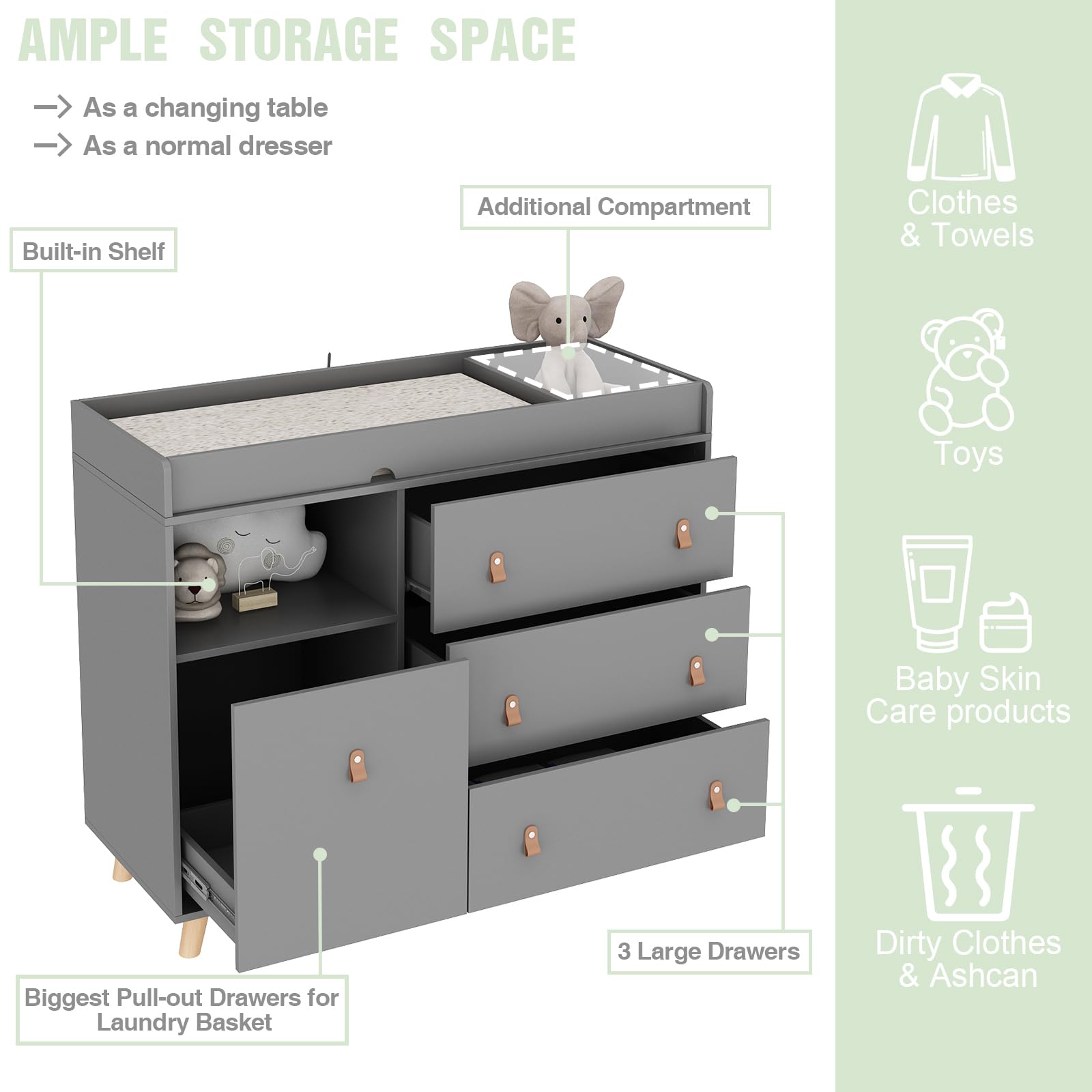 2-in-1 Baby Changing Table Dresser with Drawers & Shelf - Nursery Storage Organizer with Hidden Trash Bin - Grey Infant Diaper Changing Station for Daycare, Bedroom & Nursery Organization - Perfect for Baby Essentials Storage & Quick Diaper Changes