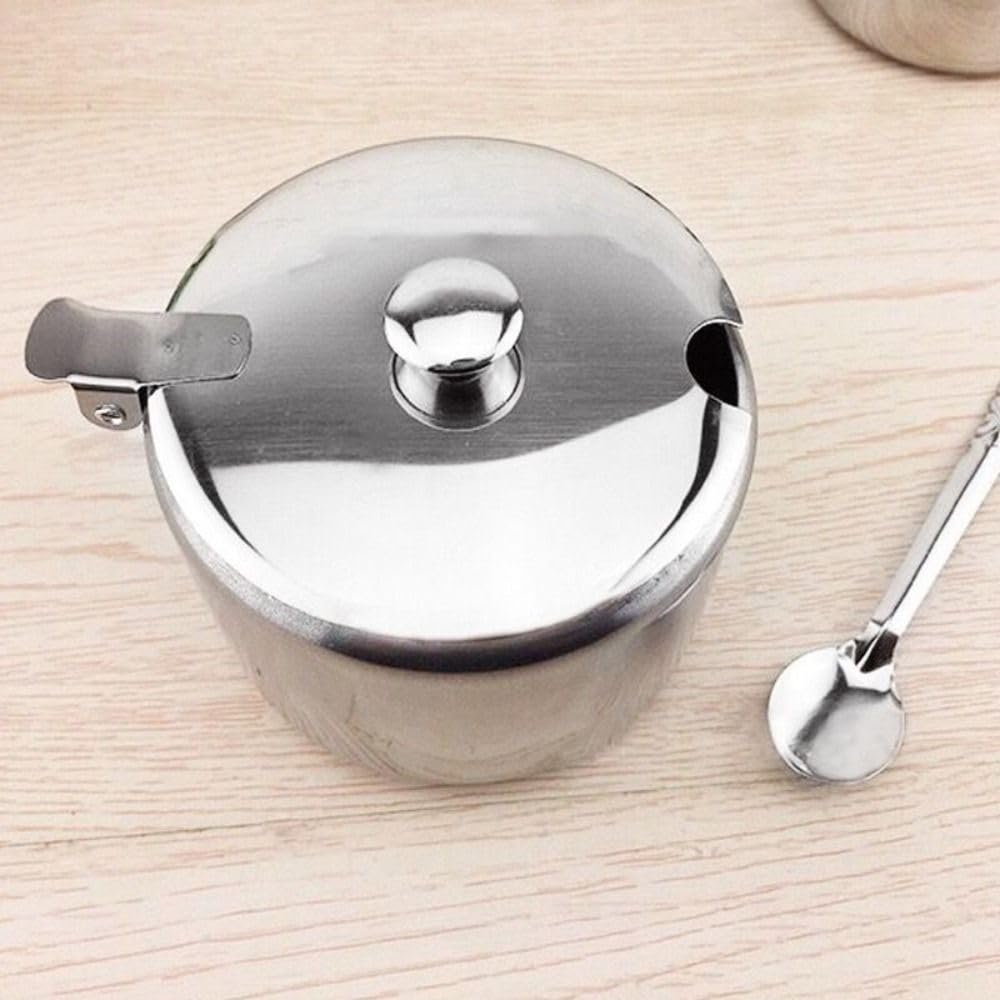 Premium Stainless Steel Sugar Bowl with Lid & Spoon - Airtight Spice, Salt, Brown Sugar Storage Jar - Elegant Tableware for Kitchen, Dining & Coffee Bar (9.5CM) - Perfect for Home, Restaurant & Cafe Use