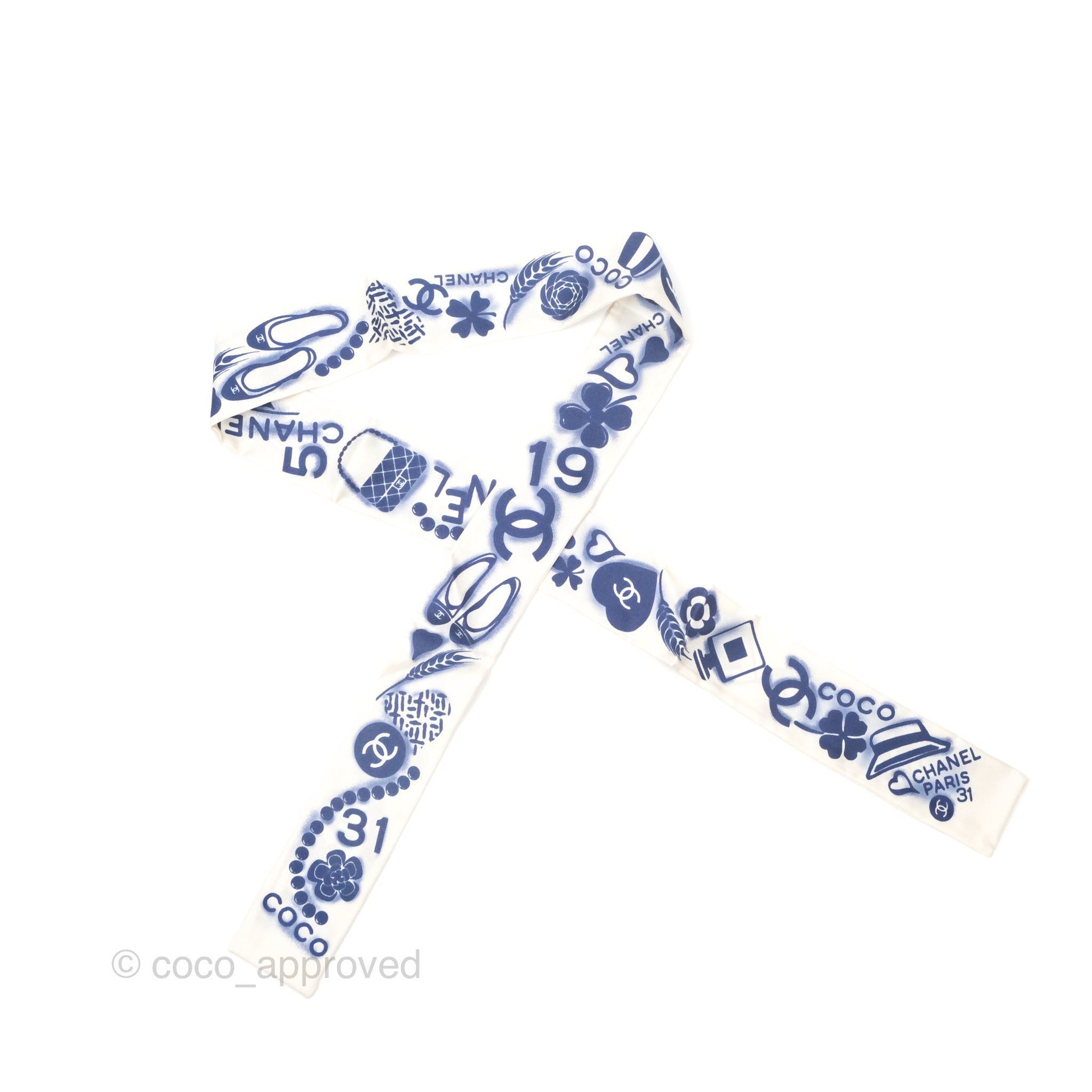 Chanel CC Silk Twilly Scarf - Blue & White Striped Luxury Fashion Accessory for Women | Perfect for Handbags, Hats & Gift Giving