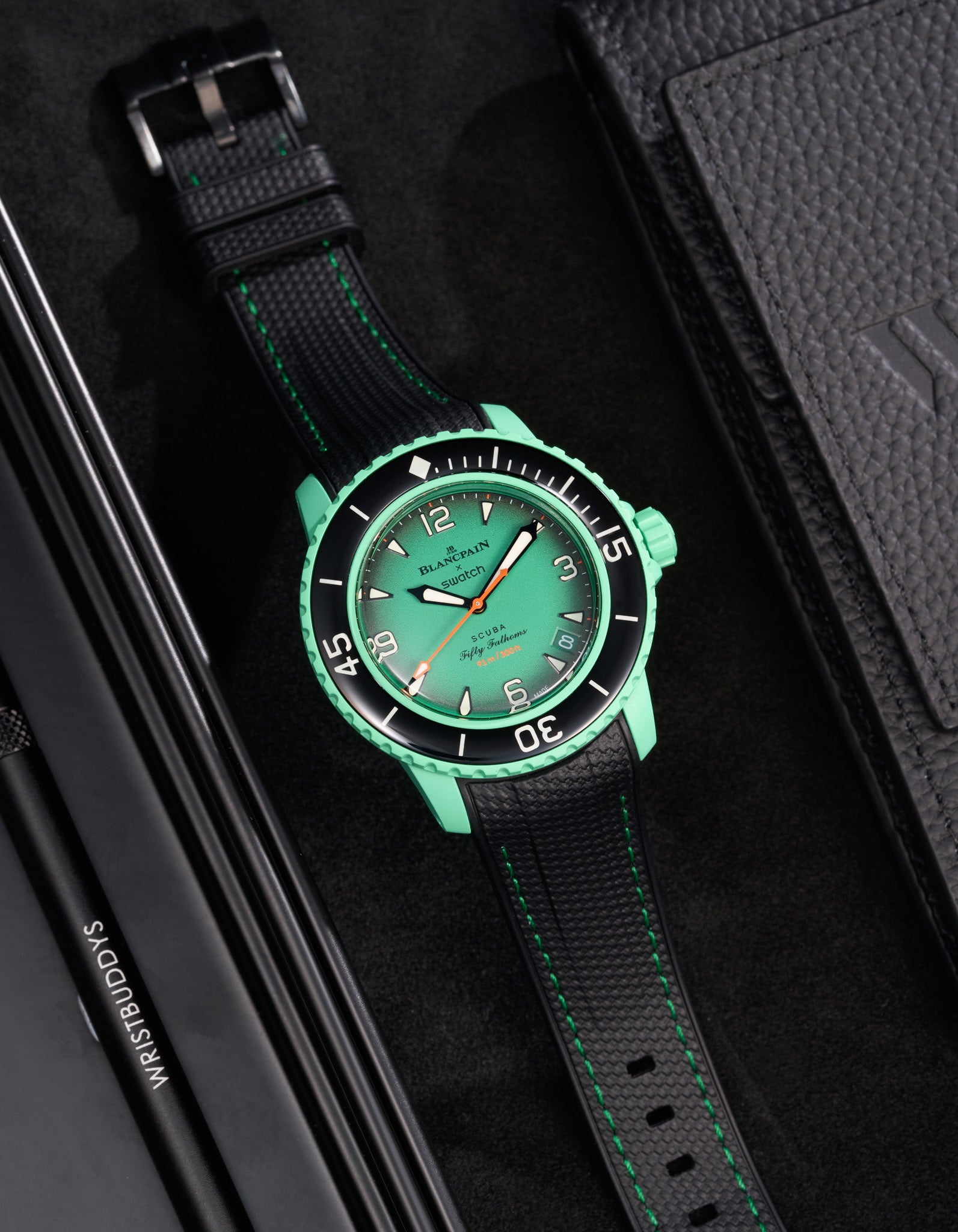 Vertech Rubber Watch Band for Blancpain X Swatch - Durable Black Strap with Green Stitches | Replacement Watch Strap for Swimming, Diving & Outdoor Activities