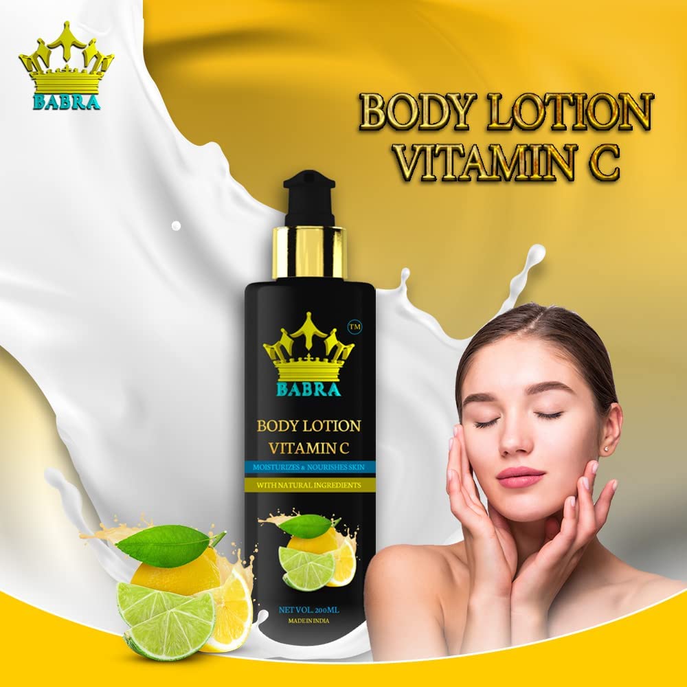 Babra Vitamin C Body Lotion for Men & Women - 100% Natural Moisturizer for Dry & Normal Skin | Deep Hydration & 72h Moisture Lock | Brightens & Nourishes for Healthy Glow | 200ml - Perfect for Daily Skincare Routine, Post-Workout Recovery & Winter Dryness Relief