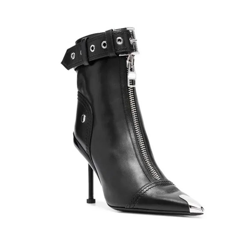 Women's Fashion Pointed Toe Ankle Boots with Belt Buckle & Front Zipper - Red High Heels for Autumn Winter - Stylish Metal Decorated Short Boots for Office, Party & Night Out