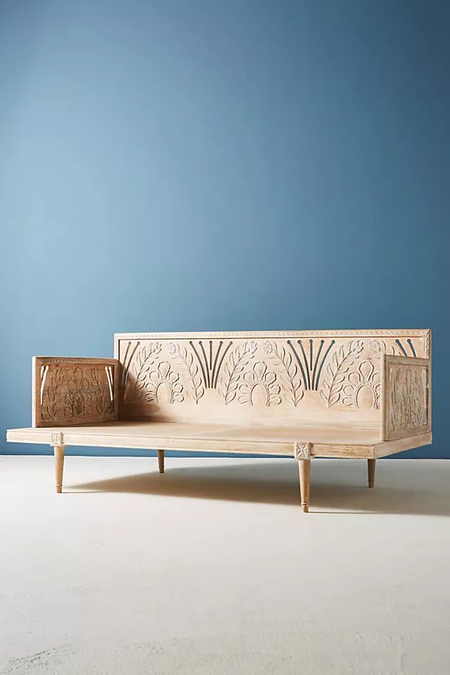 Hand Carved Solid Wood Daybed - Traditional Indian Style Wooden Furniture for Living Room, Bedroom, or Patio