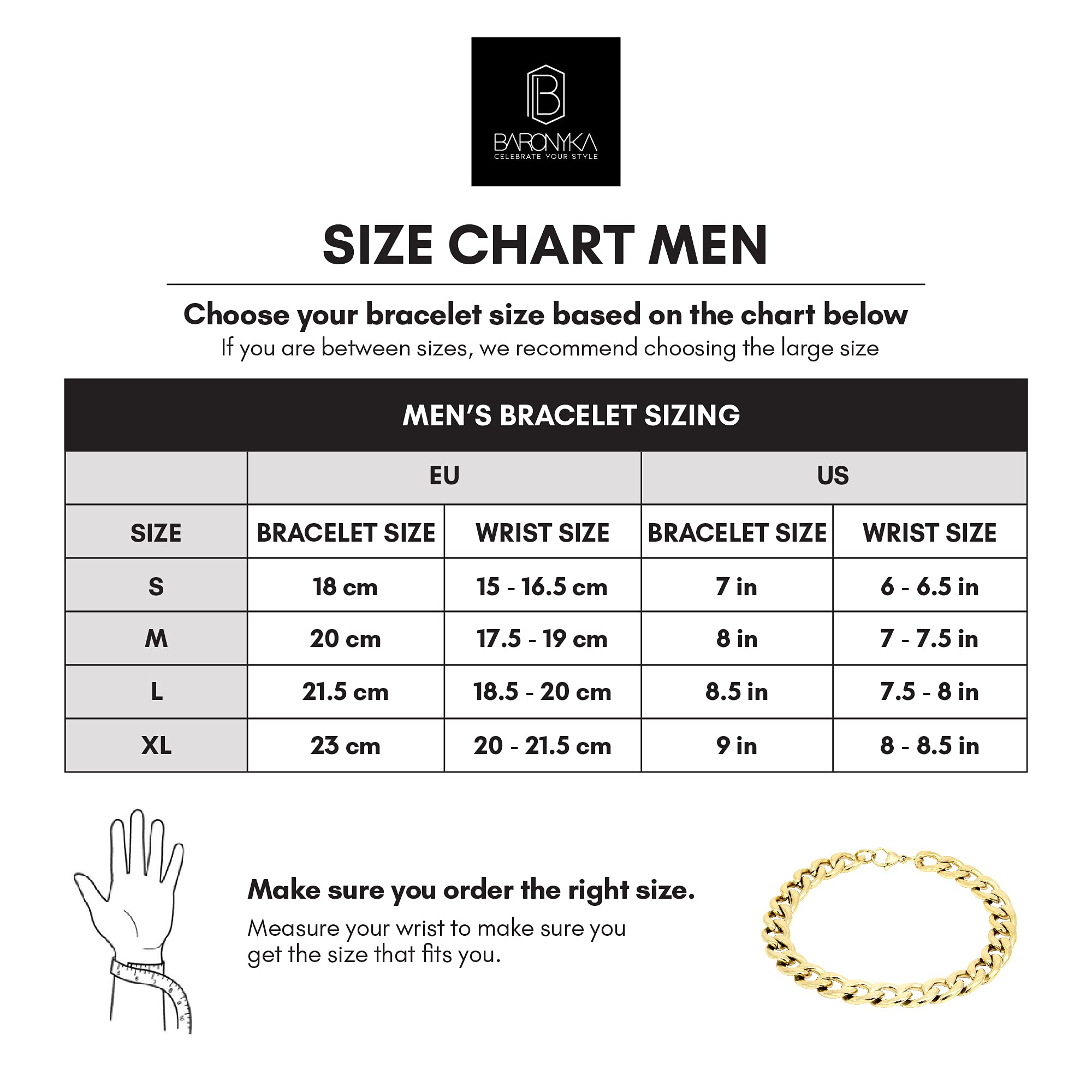 Baronyka Handmade Curb Chain Bracelet for Men - Stainless Steel Silver-Plated 8.25