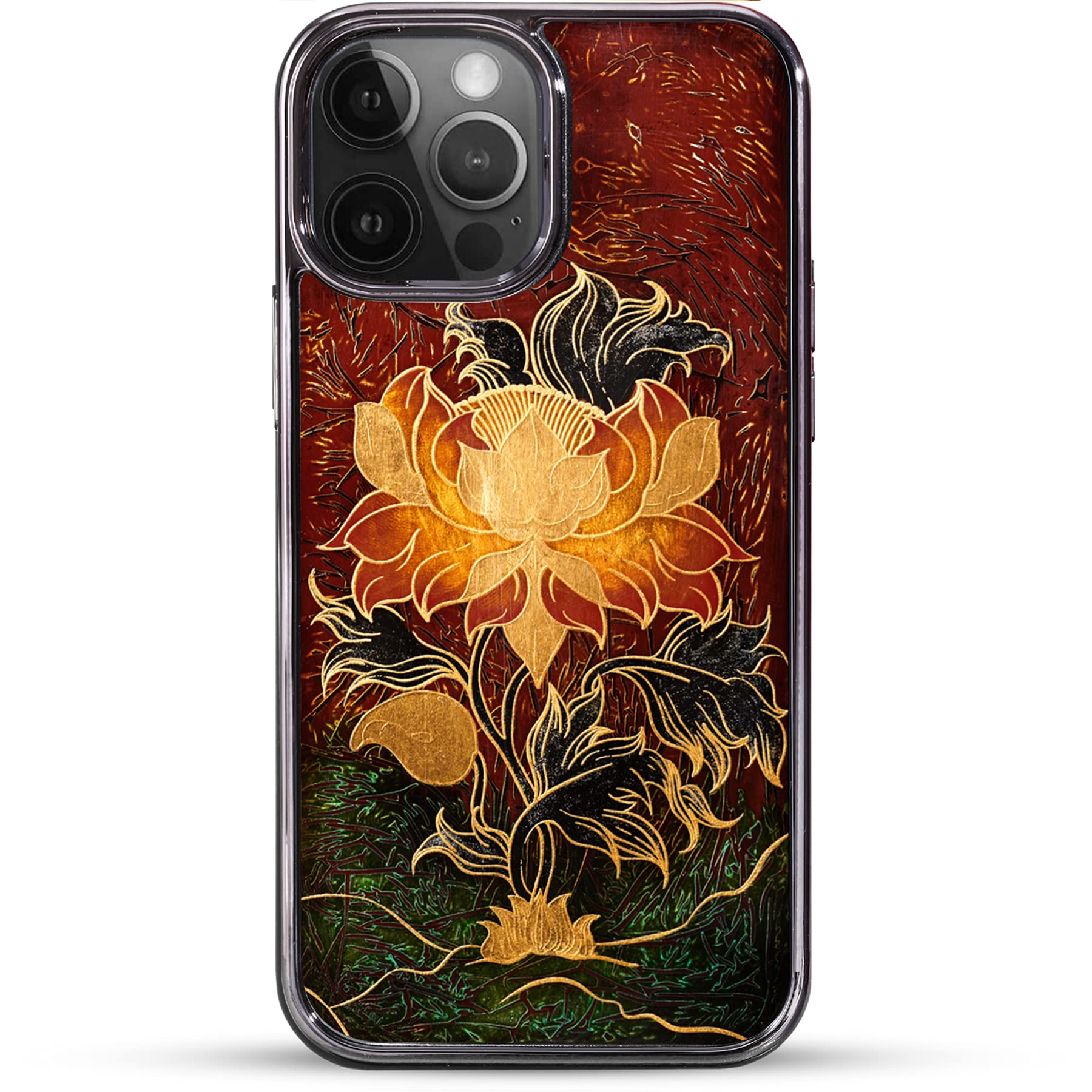 Handmade Lacquer Art Padma Flower iPhone 12 Pro Max Case with 24K Gold Details - Premium Luxury Protective Cover for Women, Perfect Gift for Birthday & Anniversary - Classic Black Design
