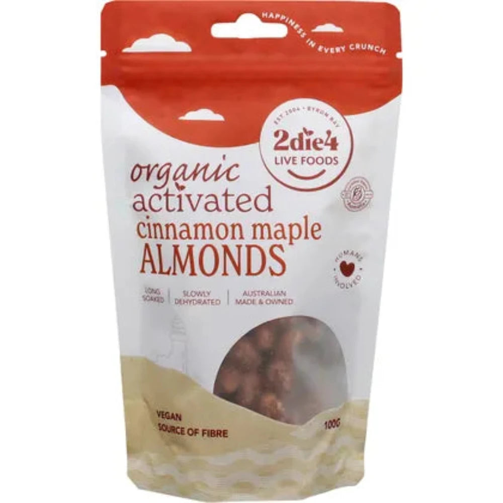 2DIE4 LIVE FOODS Organic Activated Almonds with Cinnamon Maple Flavor - 100g Pack | Healthy Snack for Hiking, Office & Keto Diet