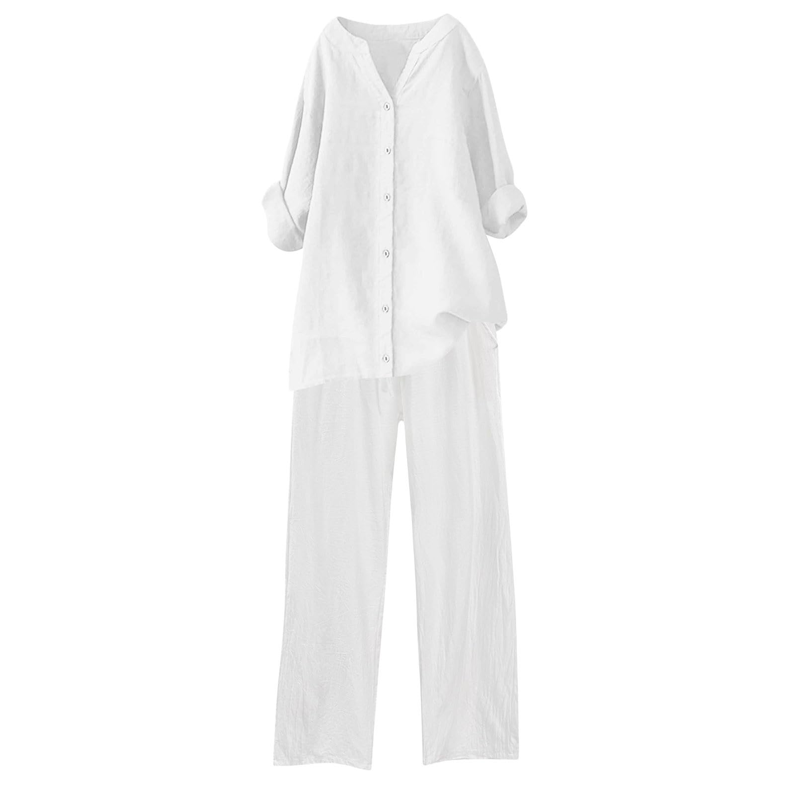 Women's 2-Piece Linen Outfit Set | Breathable Summer Linen Pajama & Lounge Wear | Casual Comfort for Home, Travel & Beach | White