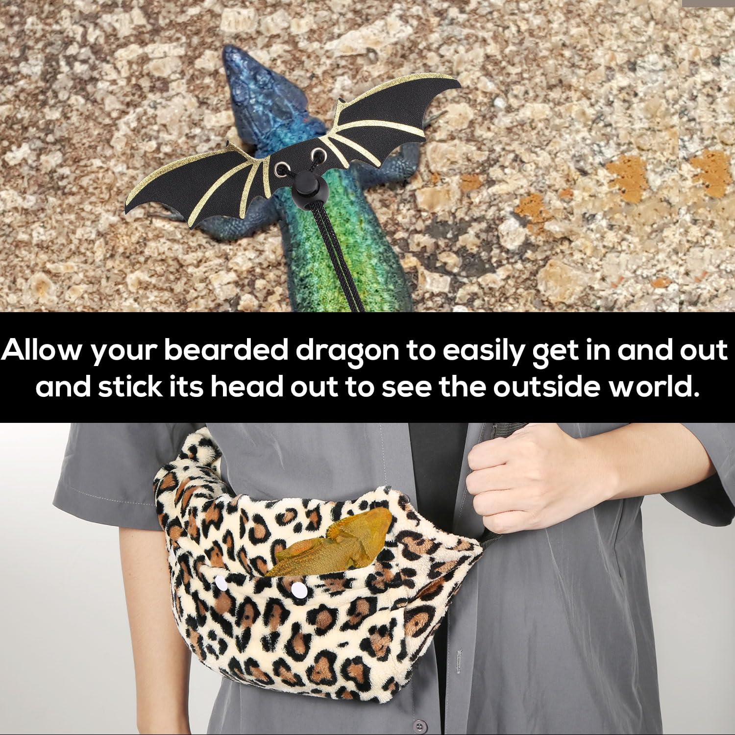 Adjustable Leather Bearded Dragon Leash & Winged Backpack - Reptile Carrier Harness for Outdoor Walking, Travel & Rest - Perfect for Pet Lizard Adventures & Safe Transport