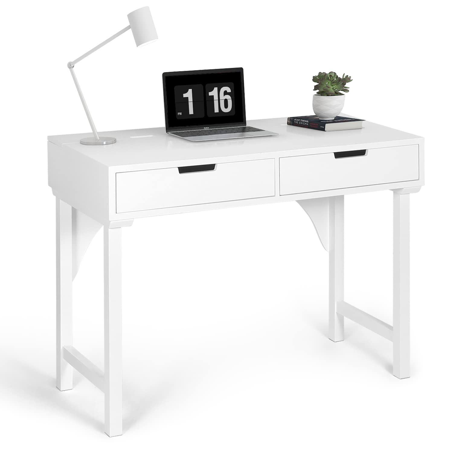 LYNSLIM 40 Inch White Modern Writing Computer Desk with 2 Drawers & 3 Storage Compartments - Compact Study Desk for Home Office, Small Spaces & Dorm Rooms | Perfect Workstation for Remote Work, Online Classes & Gaming Setup