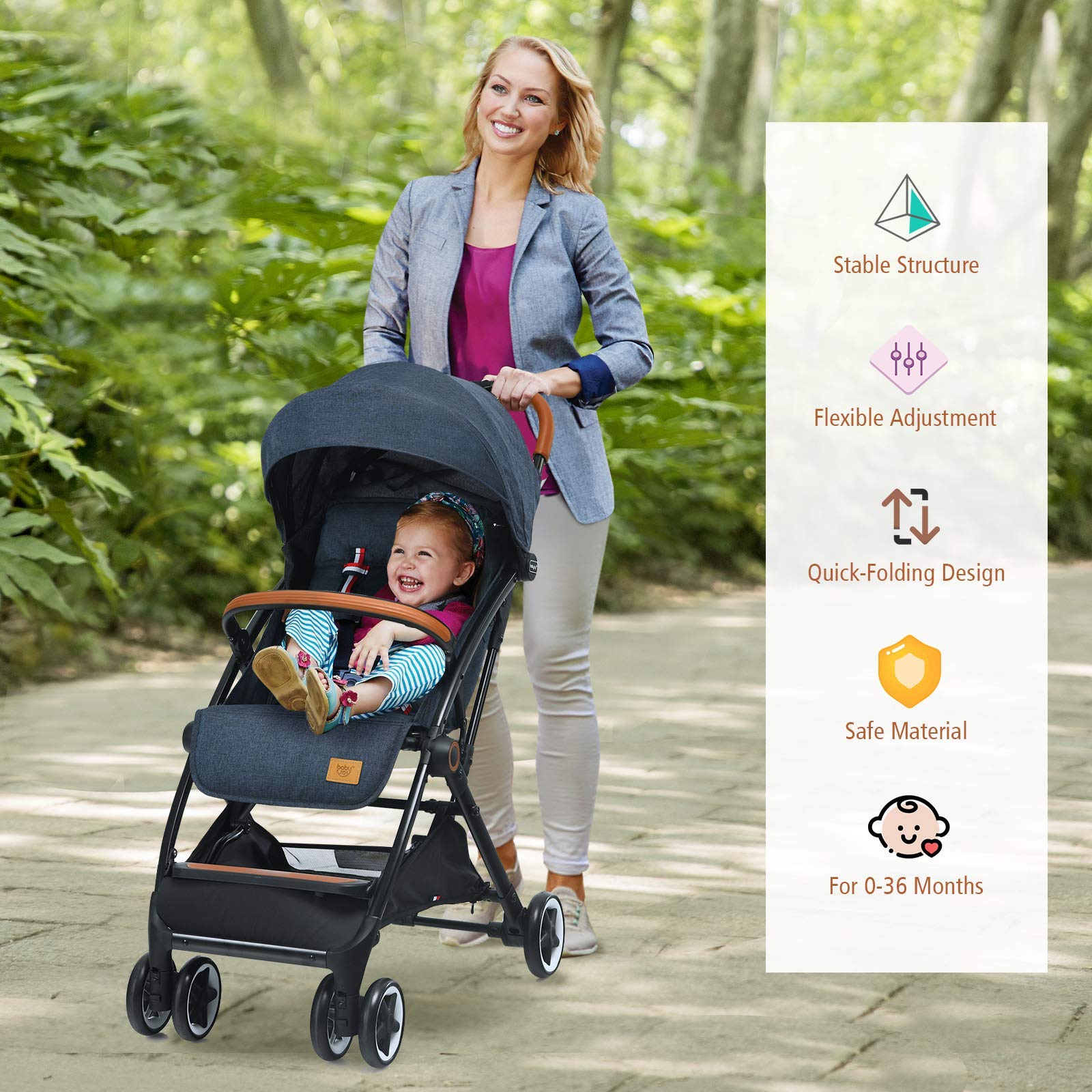 BABY JOY Lightweight Compact Baby Stroller for Travel - Airplane Approved Infant Stroller with 5-Point Safety Harness, Adjustable Backrest & Canopy, Storage Basket | Easy One-Hand Fold Blue Stroller | Perfect for Air Travel, Shopping, and Daily Walks