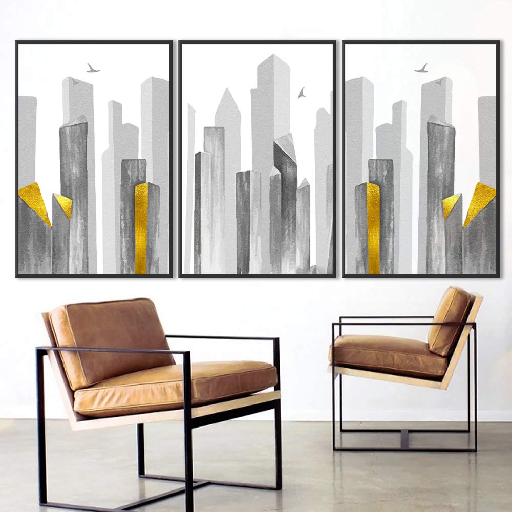 Wall26 3-Panel Framed Canvas Wall Art Set - Modern Cityscape Building Theme Prints for Living Room & Bedroom Decor (16x24 Inches, Ready to Hang) - Perfect for Home, Office, and Gift Giving