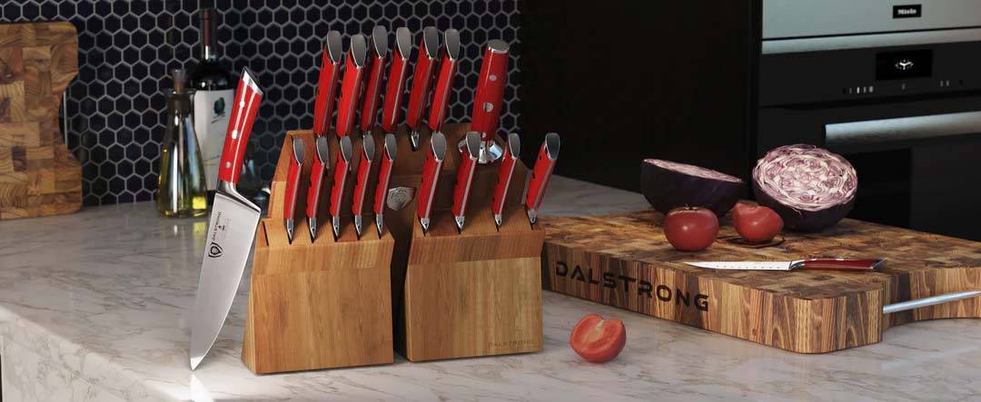 18-Piece Colossal Knife Set with Wooden Block - Red Handles Gladiator Series - NSF Certified Professional Kitchen Knives by Dalstrong - Perfect for Home Chefs & Culinary Enthusiasts