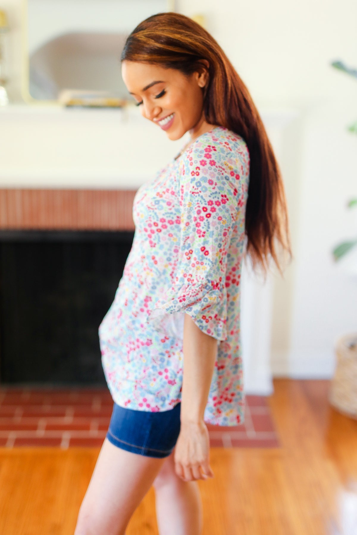 Blue Floral Print Ruffle Three Quarter Sleeve Blouse - Women's Fashion Tops for Spring & Summer | Perfect for Office, Date Night & Casual Outings