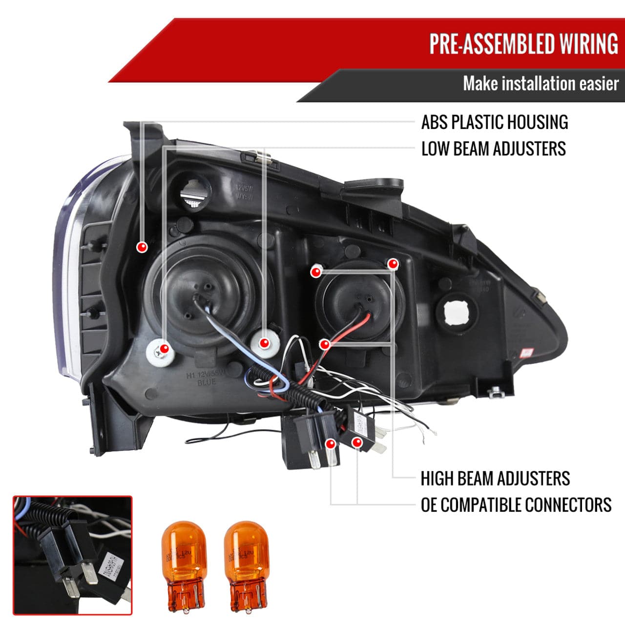 2002-2004 Acura RSX Halo Projector Headlights - Dual LED Angel Eye Headlight Assembly Replacement - Perfect for Night Driving & Car Upgrades