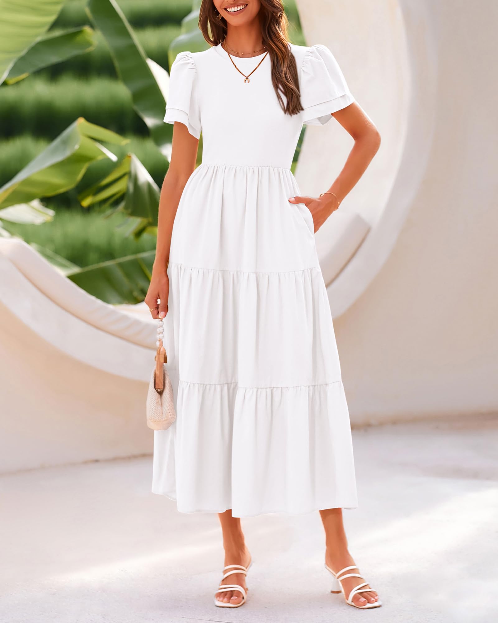 BTFBM Women's Casual Summer Dresses 2025 - Spring Crewneck Short Sleeve Tiered Flowy Boho Maxi Dress with Pockets for Beach Vacation, Travel, and Outdoor Activities