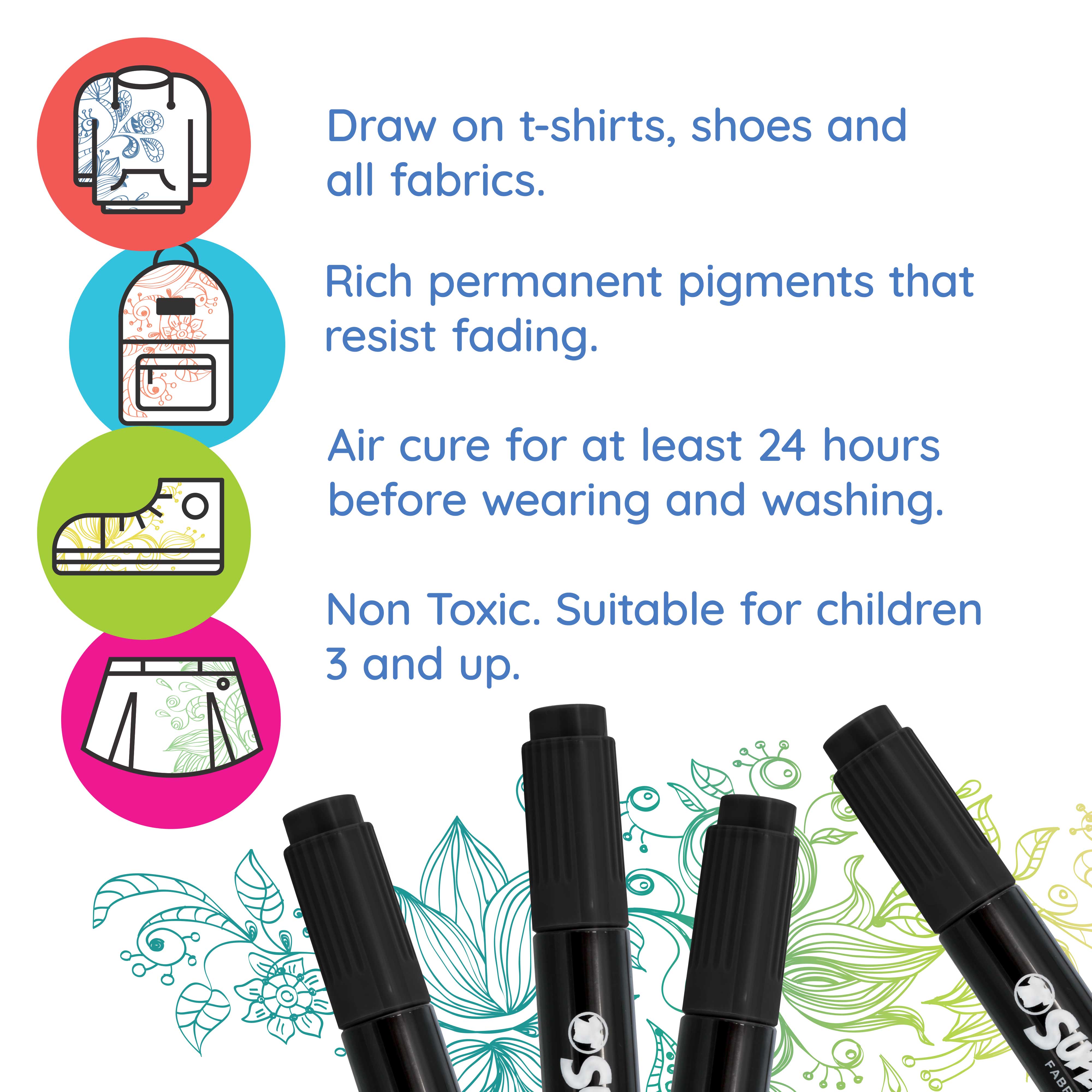 Premium Black Dual Tip Fabric & T-Shirt Markers Set of 6 - Double Ended Chisel & Fine Point Markers for DIY Crafts, Custom Clothing, and Fabric Art Projects